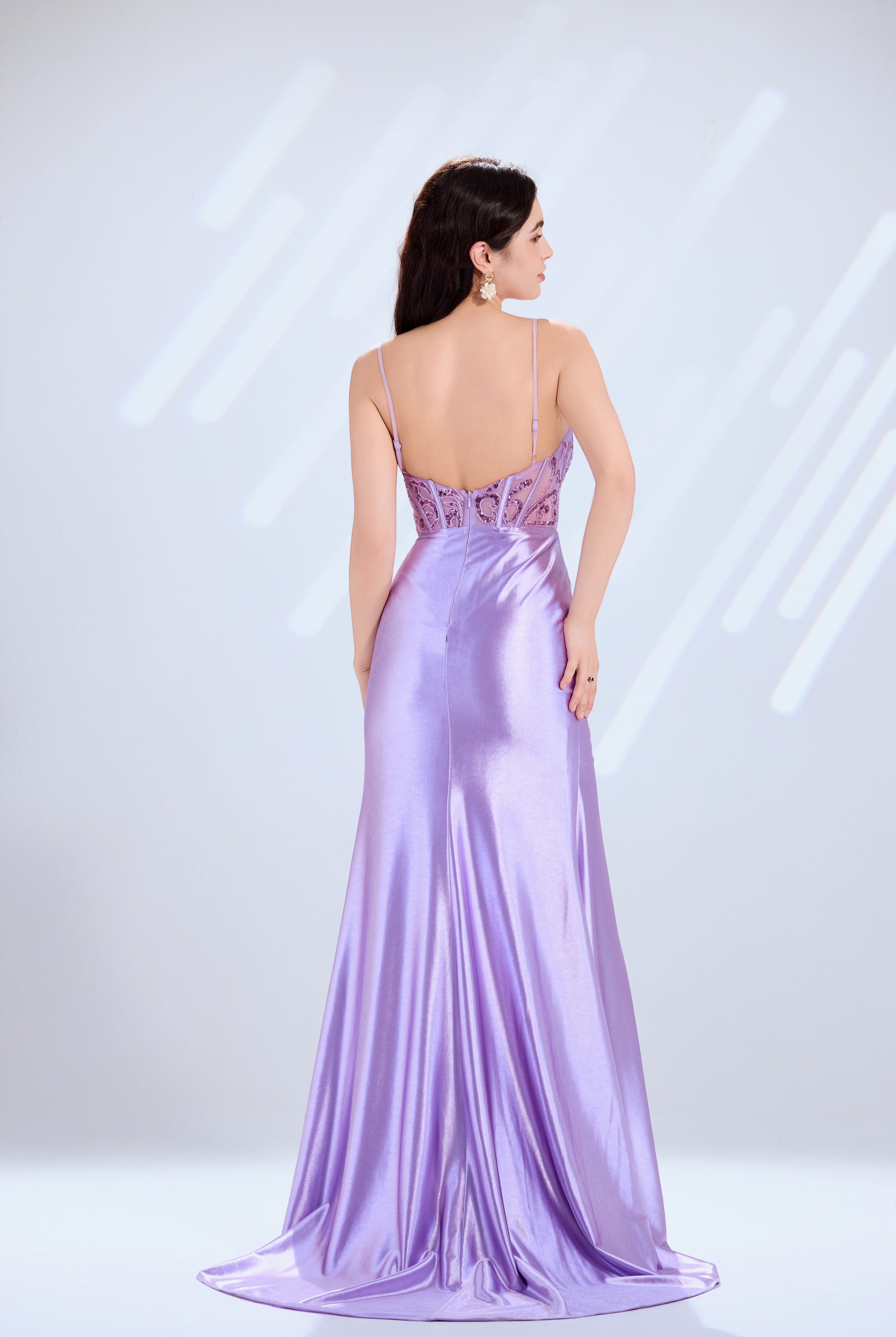 Satin Prom Dress with Beaded Bodice, Spaghetti Straps, Slit & Train – TFB6005