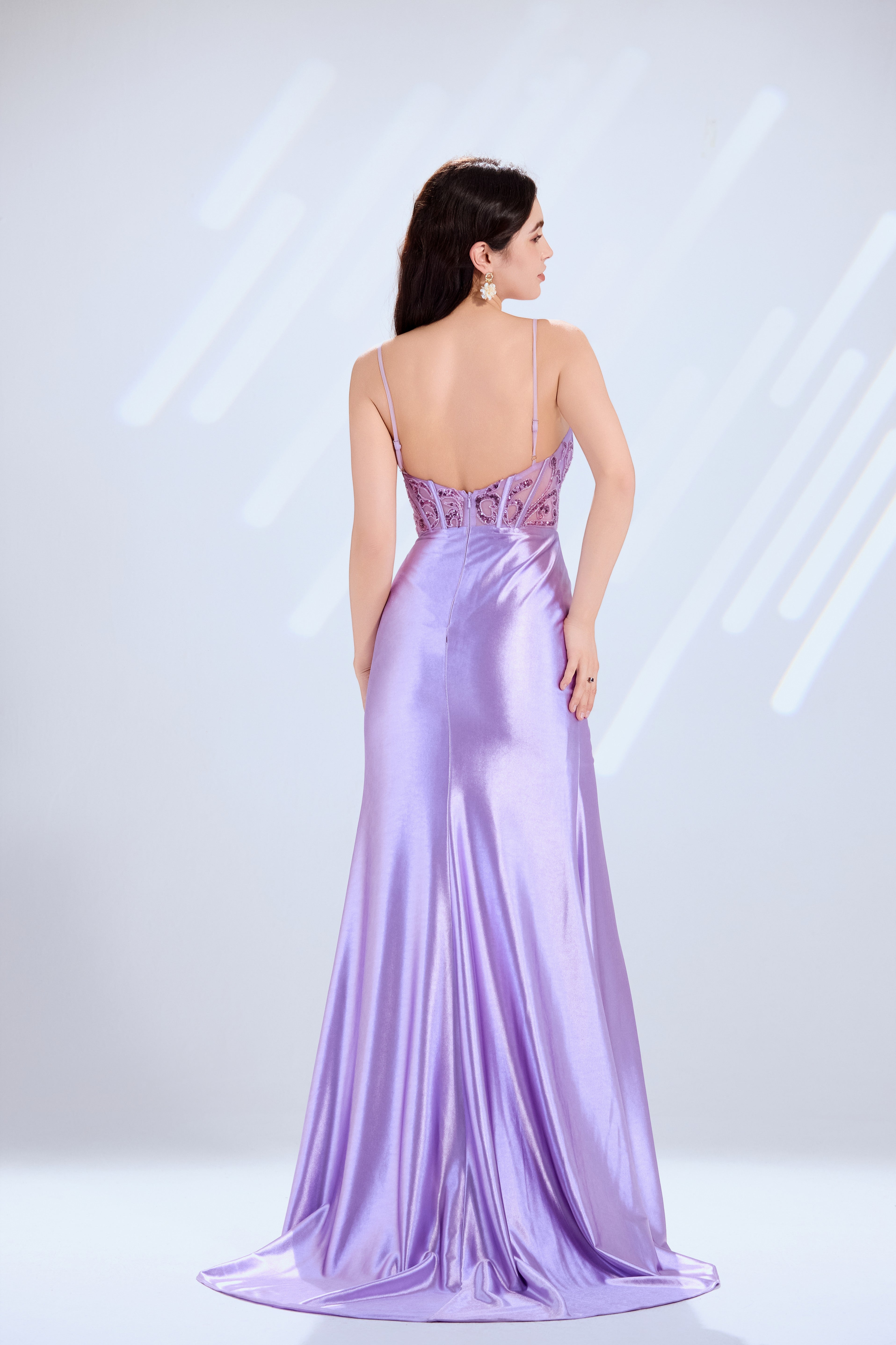 Lilac satin mermaid gown, back view with beaded corset bodice and open back