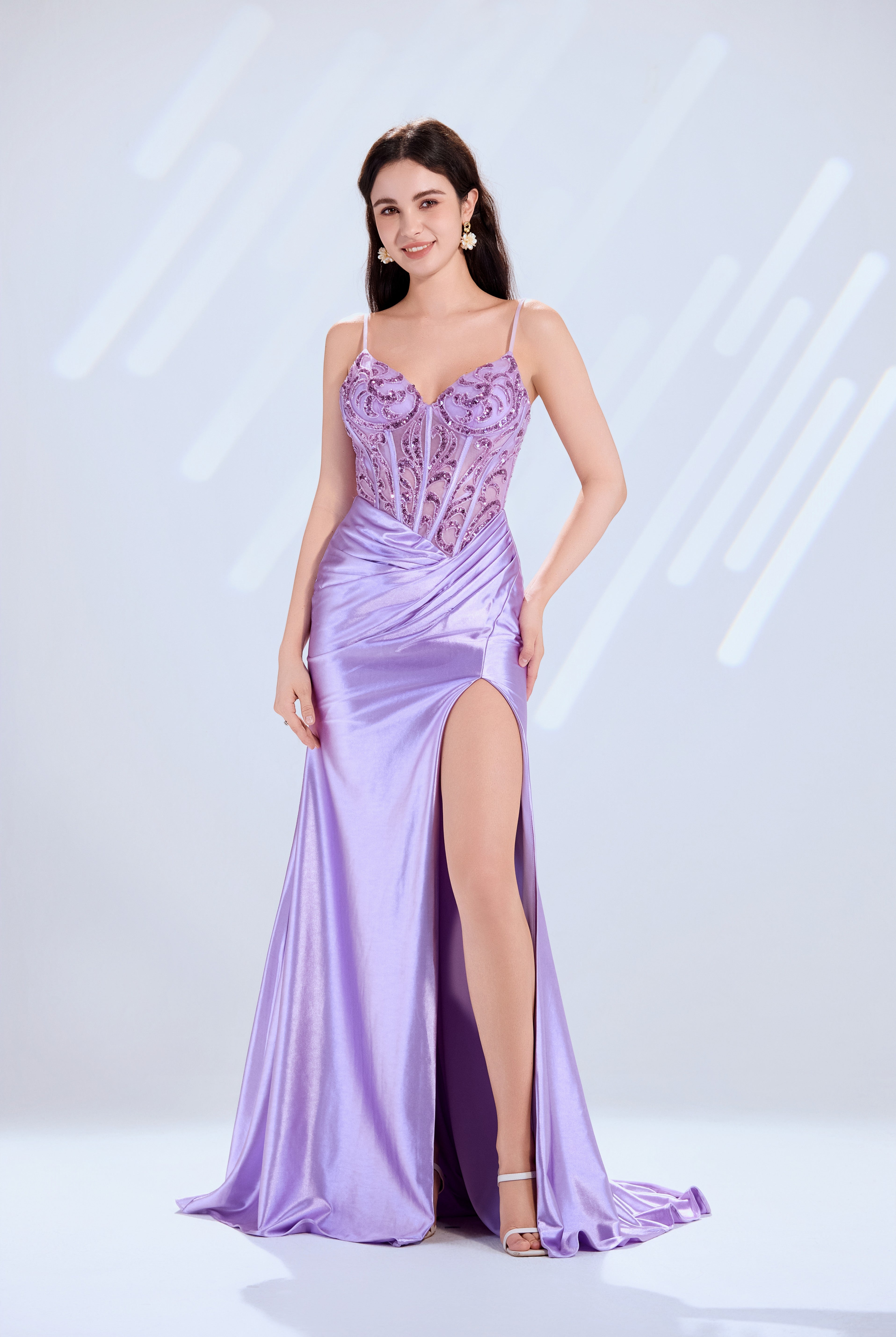 Satin Prom Dress with Beaded Bodice, Spaghetti Straps, Slit & Train – TFB6005