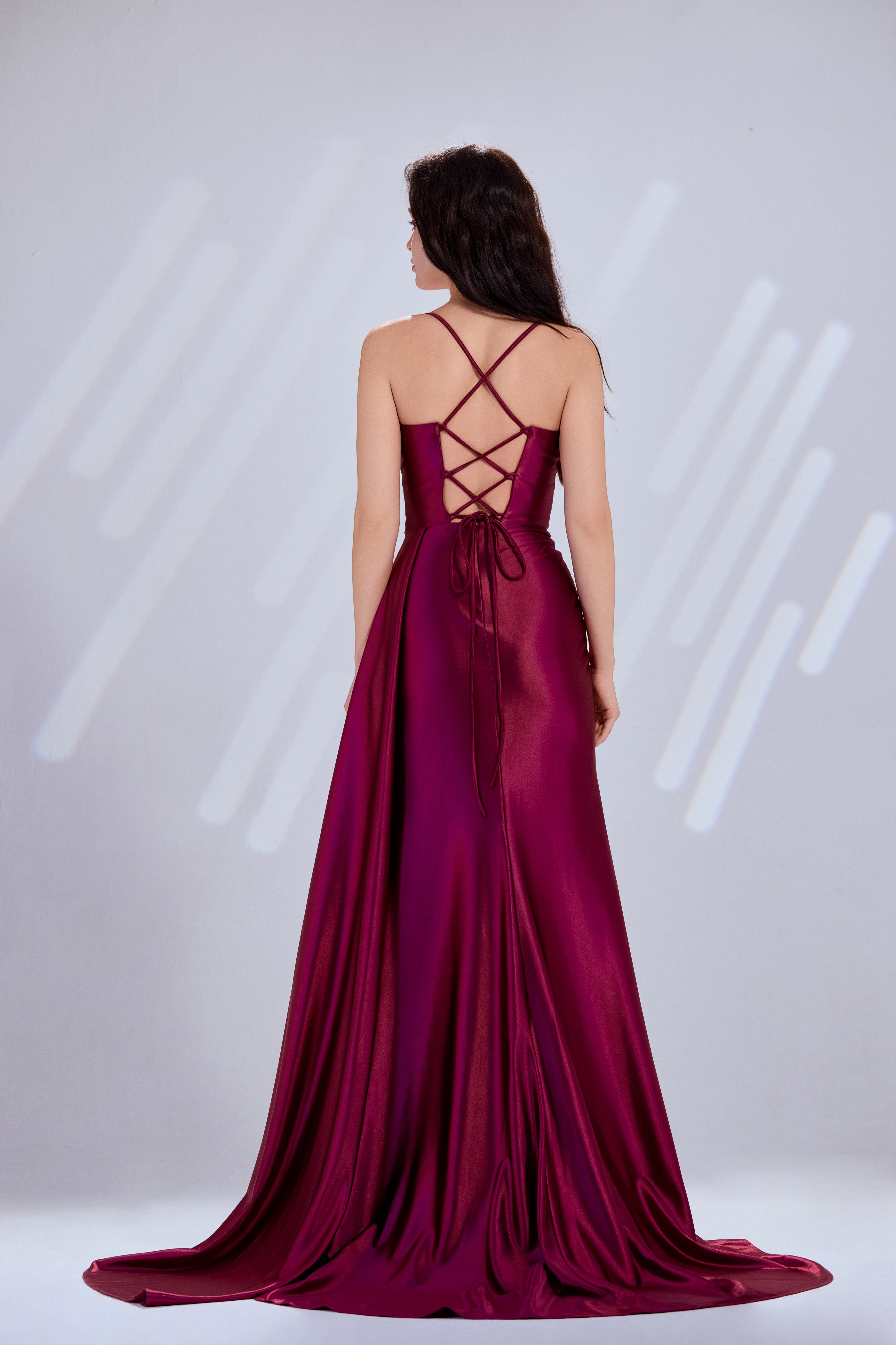 Draped Sweetheart Satin Prom Dress with Spaghetti Straps, Side Slit & Train – TFB6013