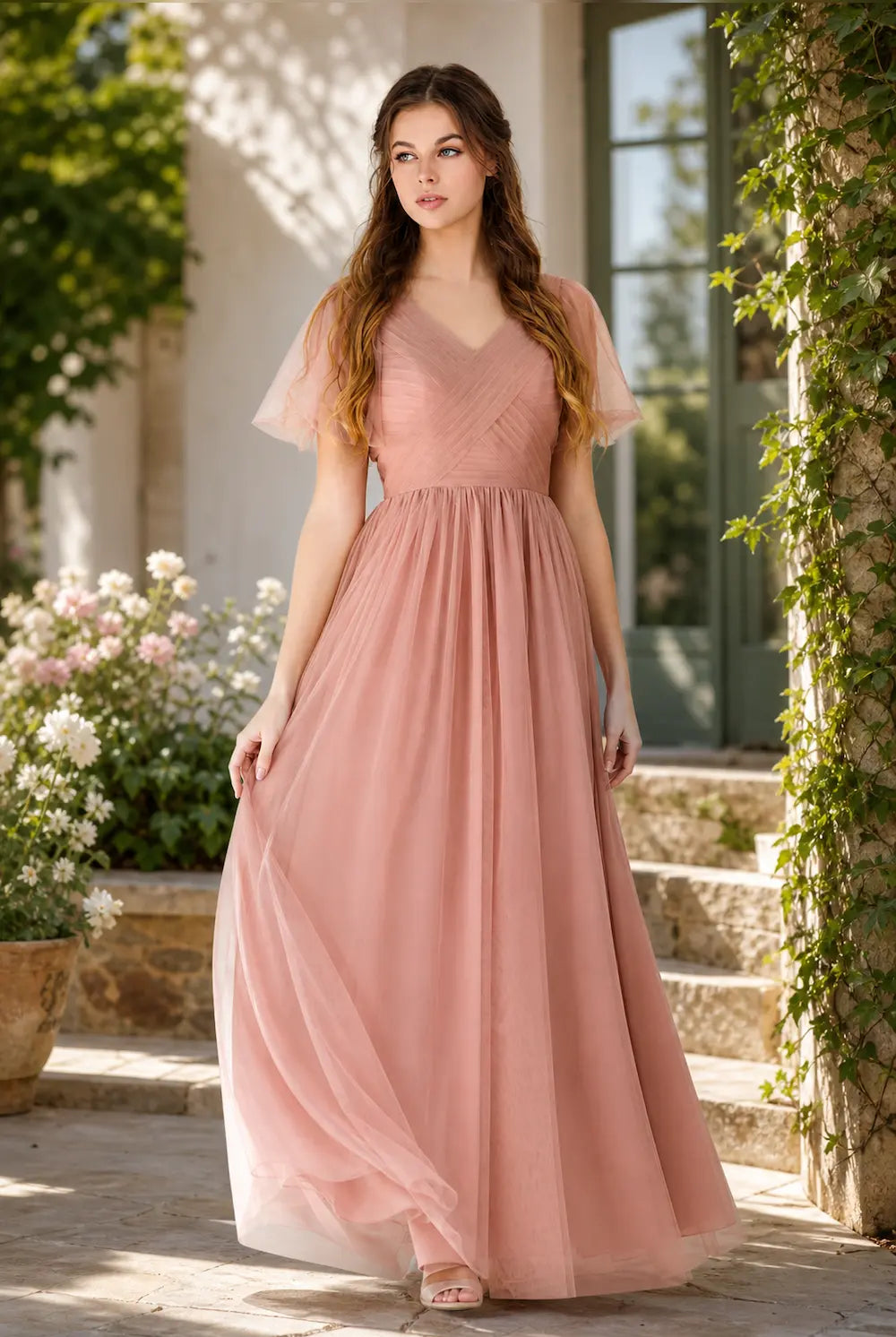 Dusty rose tulle prom dress with ruched bodice, flutter sleeves, A-line skirt