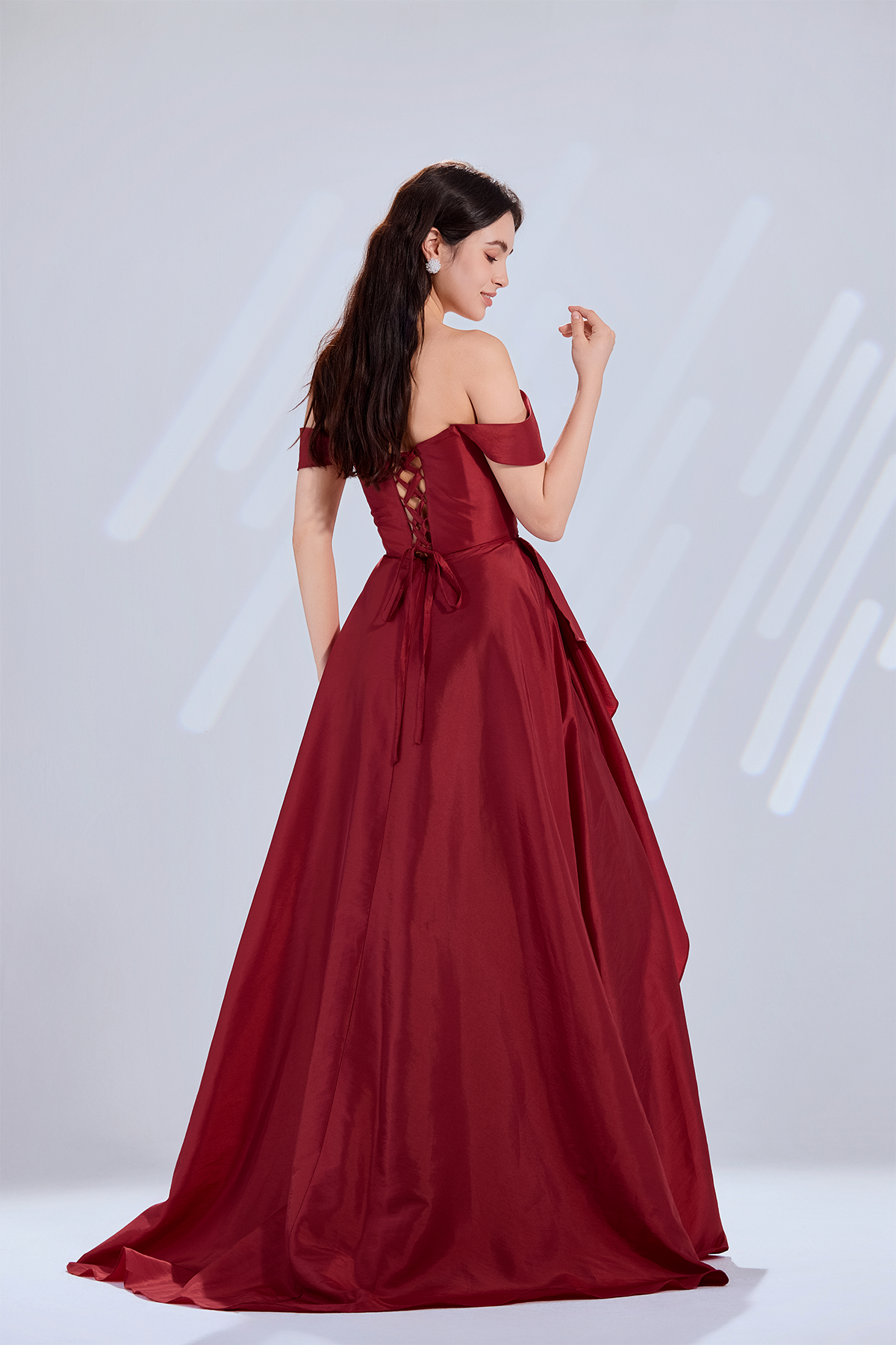 Wine off-shoulder A-line prom gown with bow bodice and gathered skirt, low back