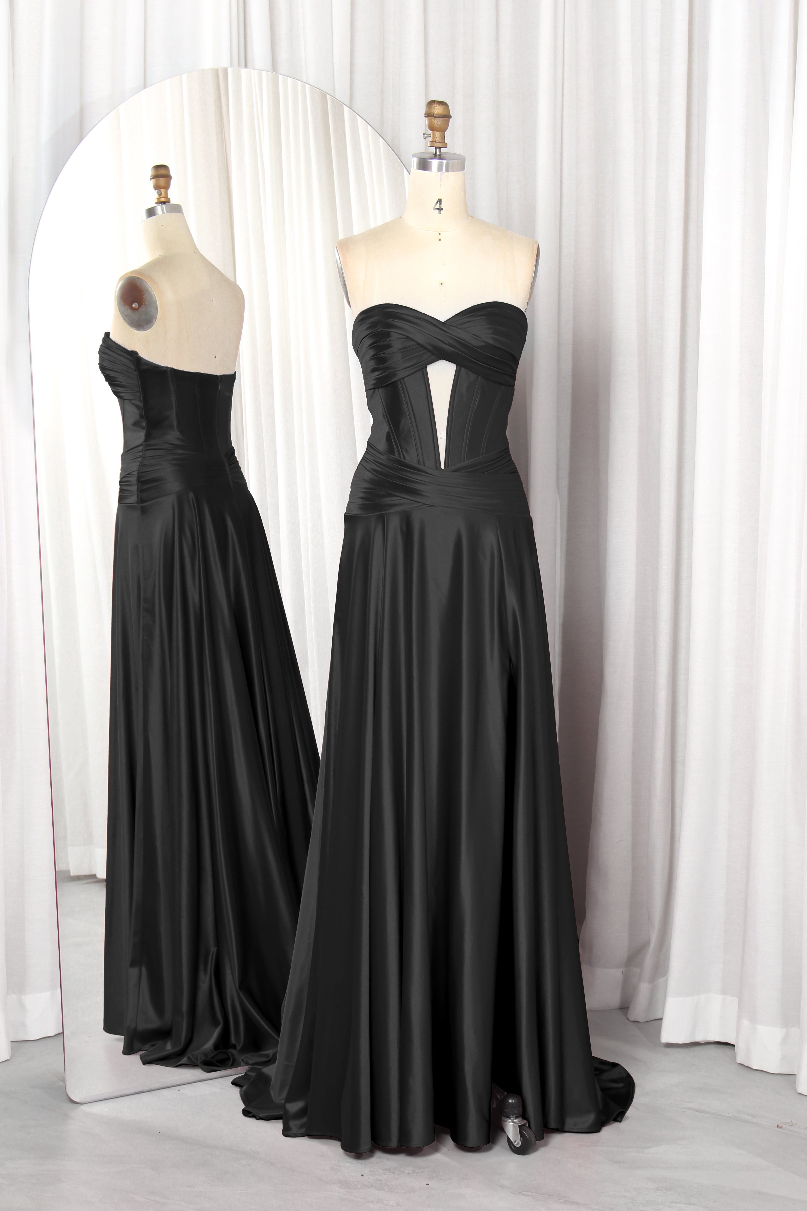 Satin strapless corset gown with crisscross bodice, black, sweetheart neckline, floor length