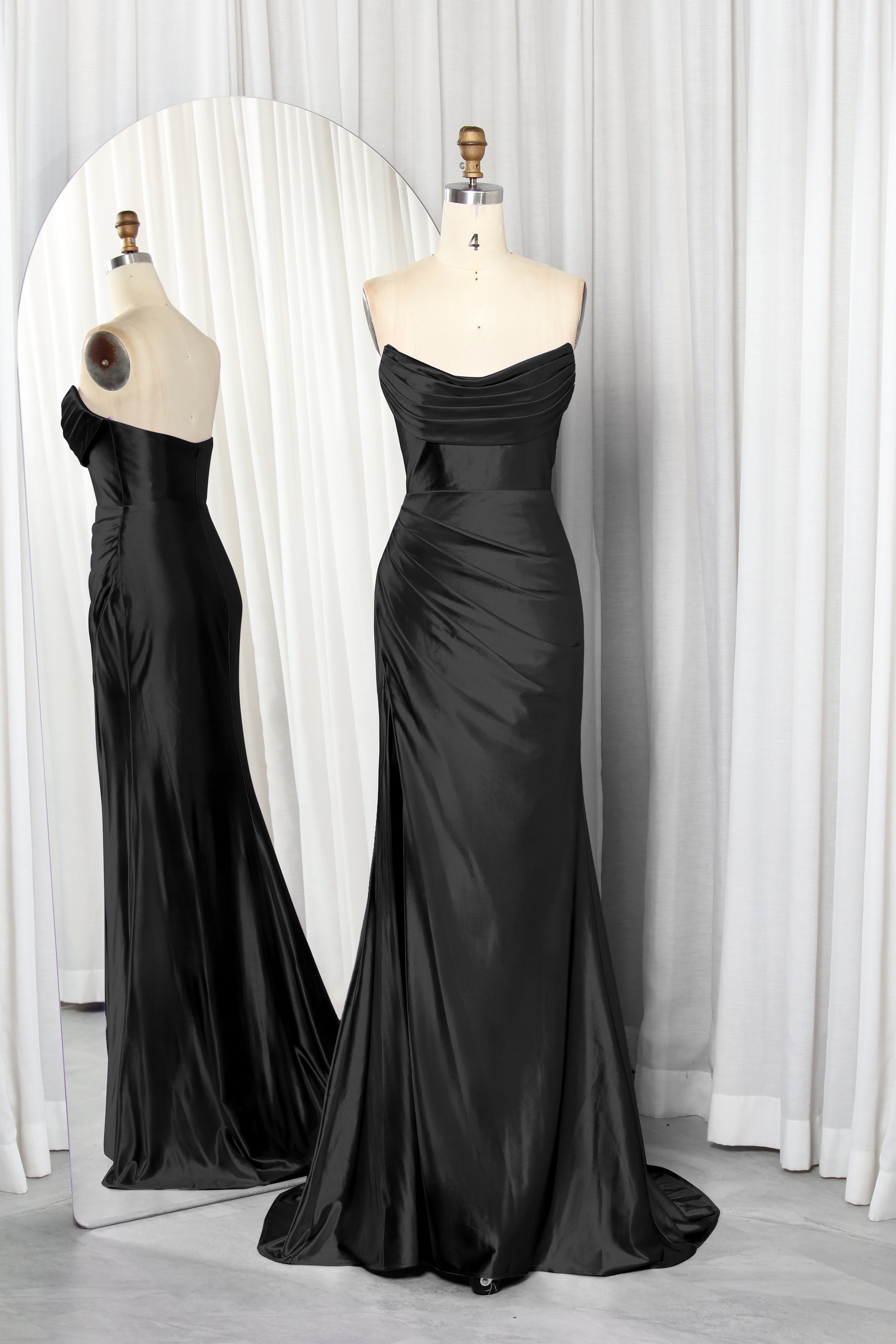 strapless satin dress with a draped bodice and high slit.