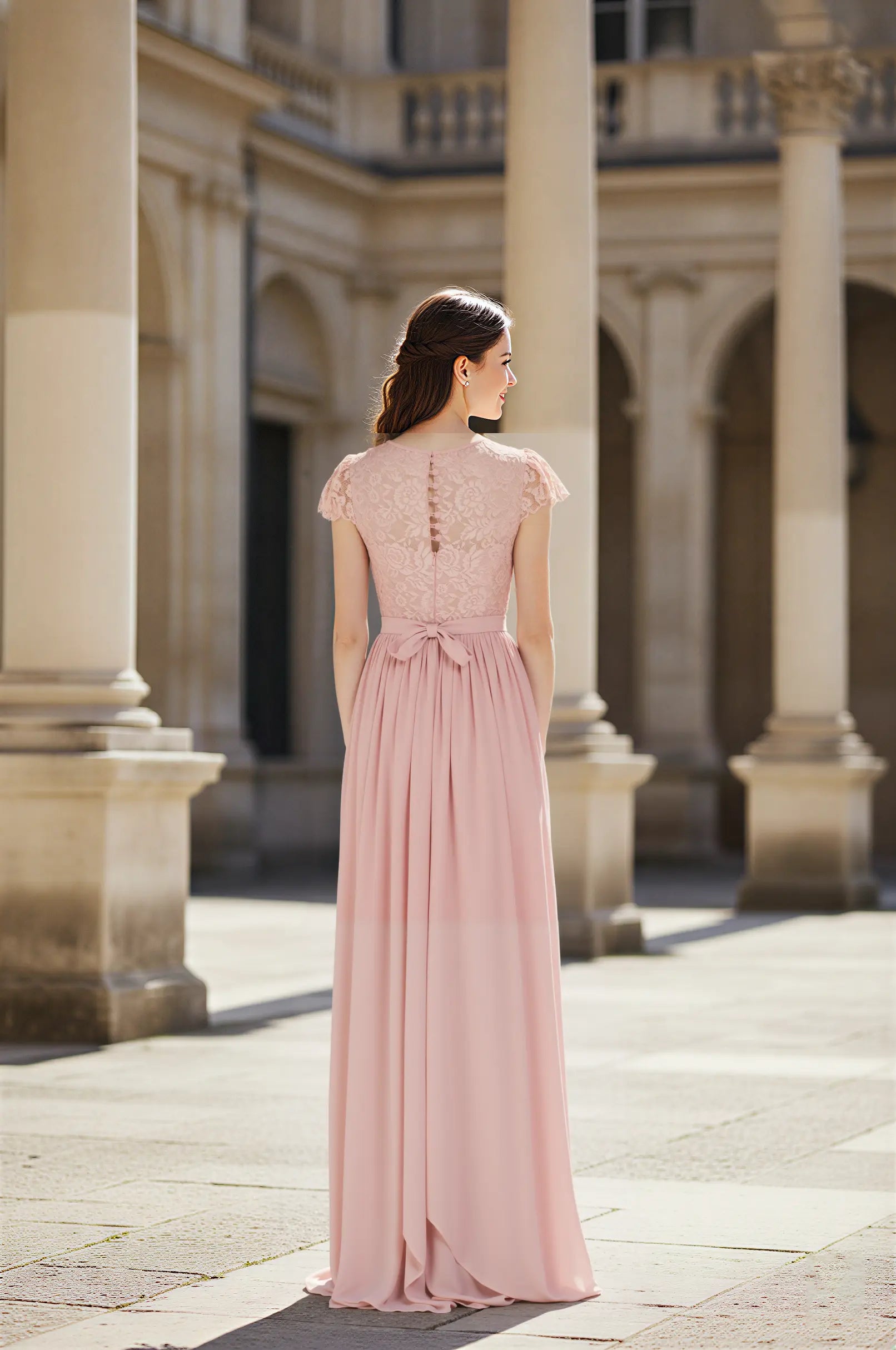 Flutter Sleeve Lace Bodice Chiffon Bridesmaid Dress with Bow Back TFB 8065 | blissfulprom