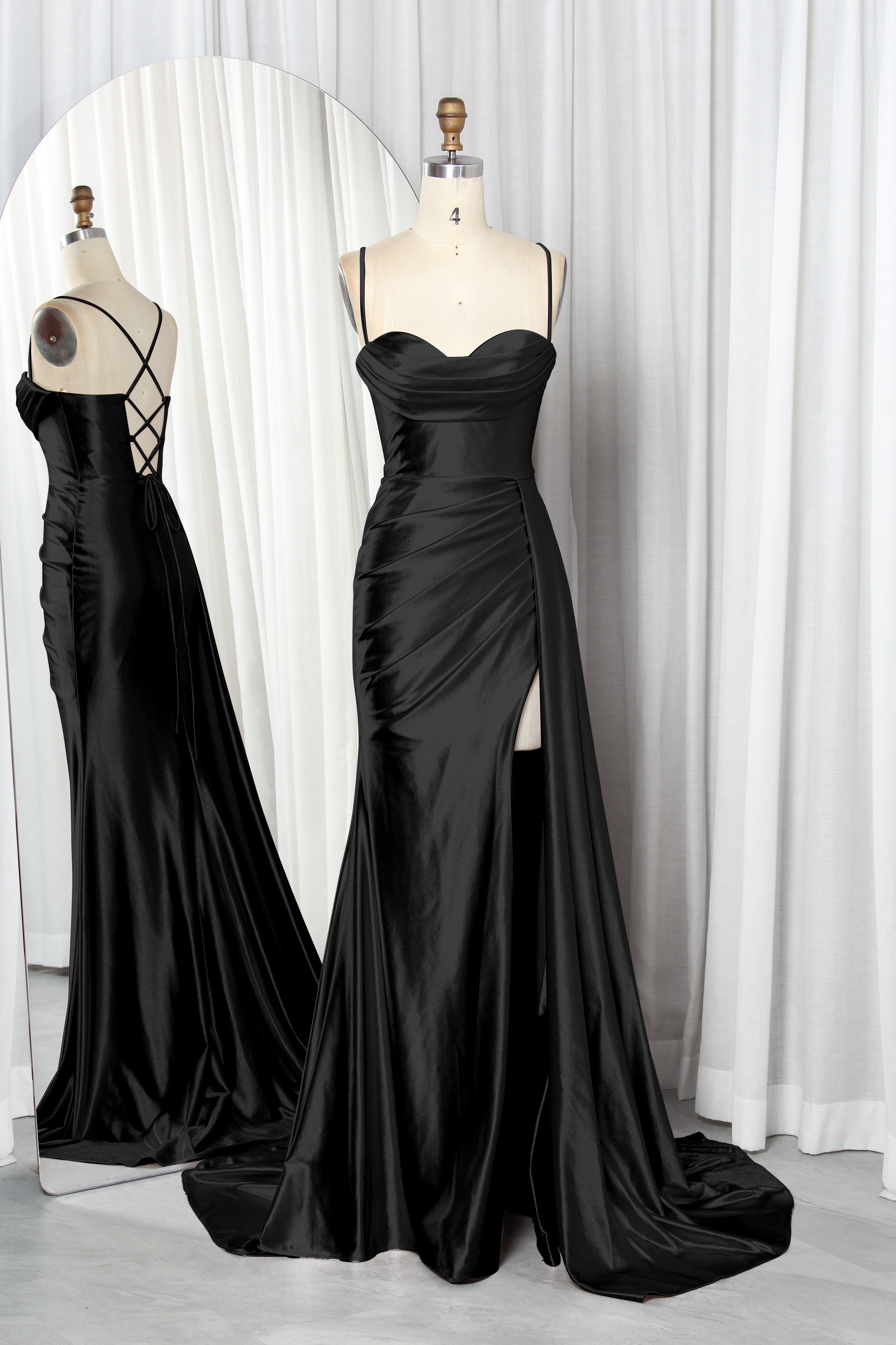 satin prom dress with spaghetti straps, a draped bodice, and a high slit.