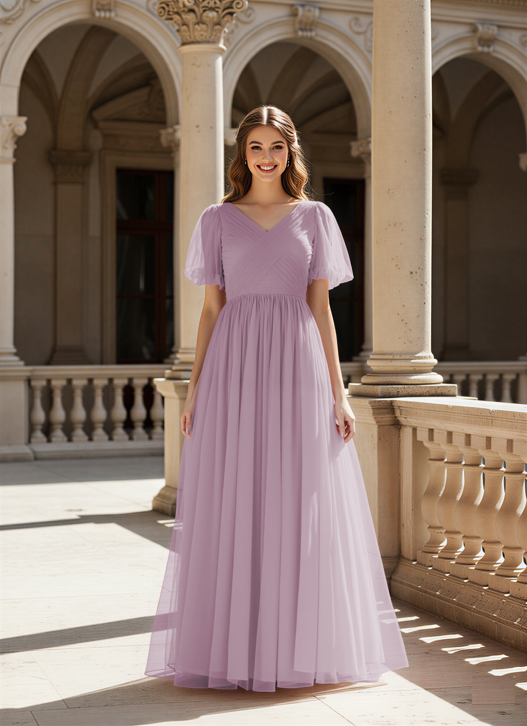 Graceful Bridesmaid Gown - Flutter Sleeve Design TFB8073