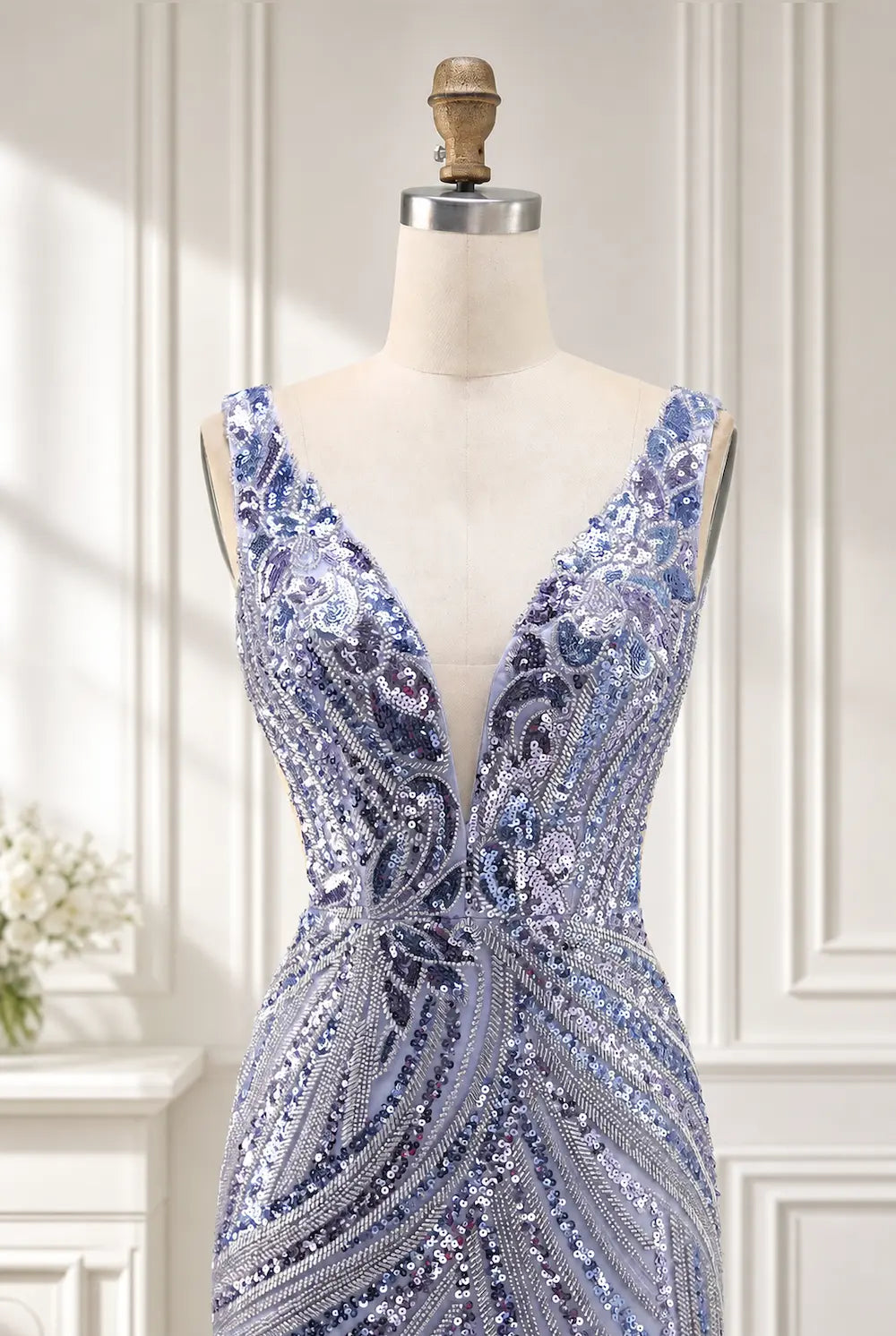 ZOE dusty blue sequin fitted V-neck dress, ornate beaded bodice