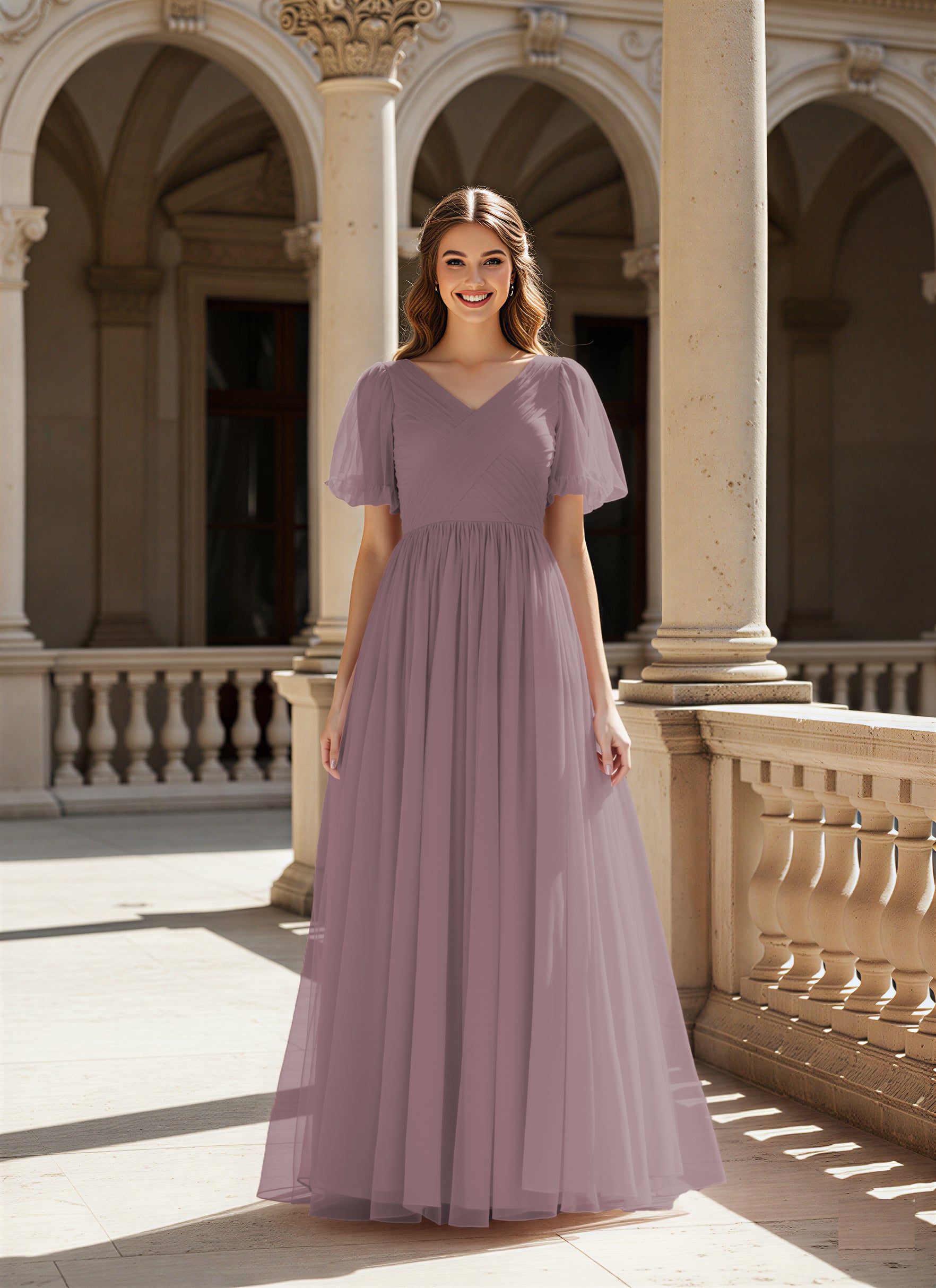 Graceful Bridesmaid Gown - Flutter Sleeve Design TFB8073
