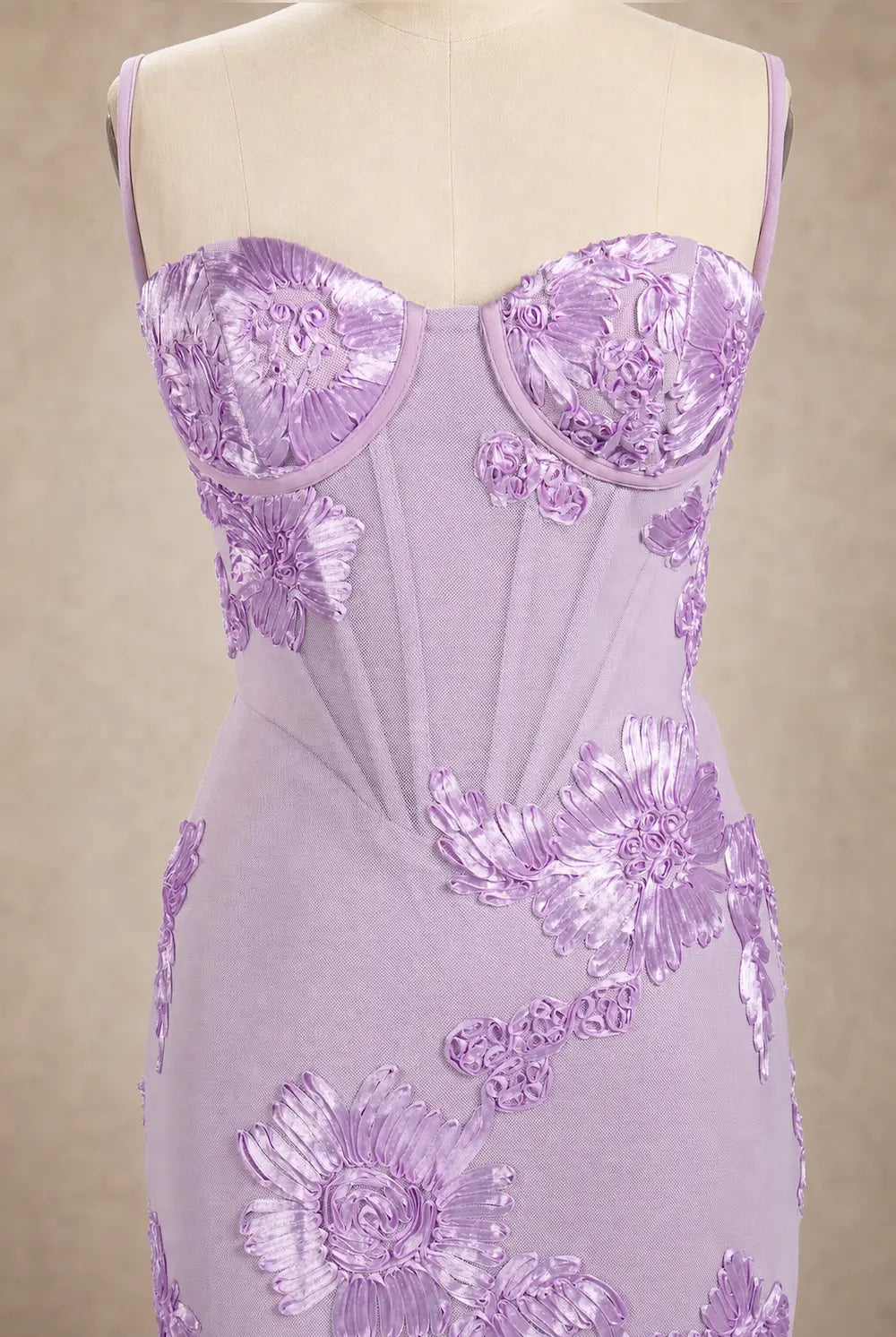 Lavender corset-style bodice with sweetheart cups and floral lace appliques
