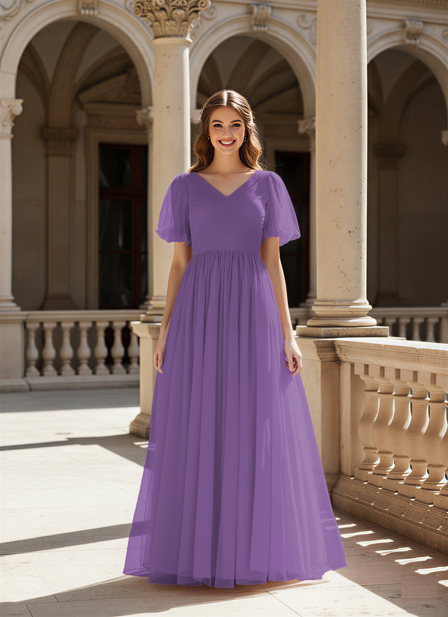 Graceful Bridesmaid Gown - Flutter Sleeve Design TFB8073