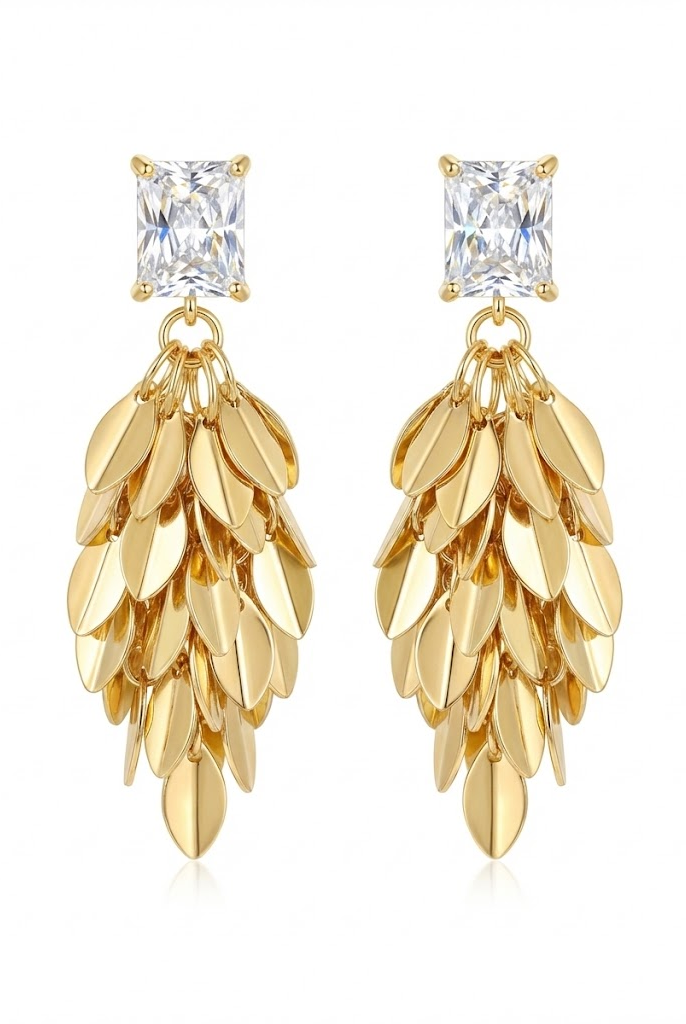 Gold-tone drop earrings with square clear stones and layered leaf-feather clusters