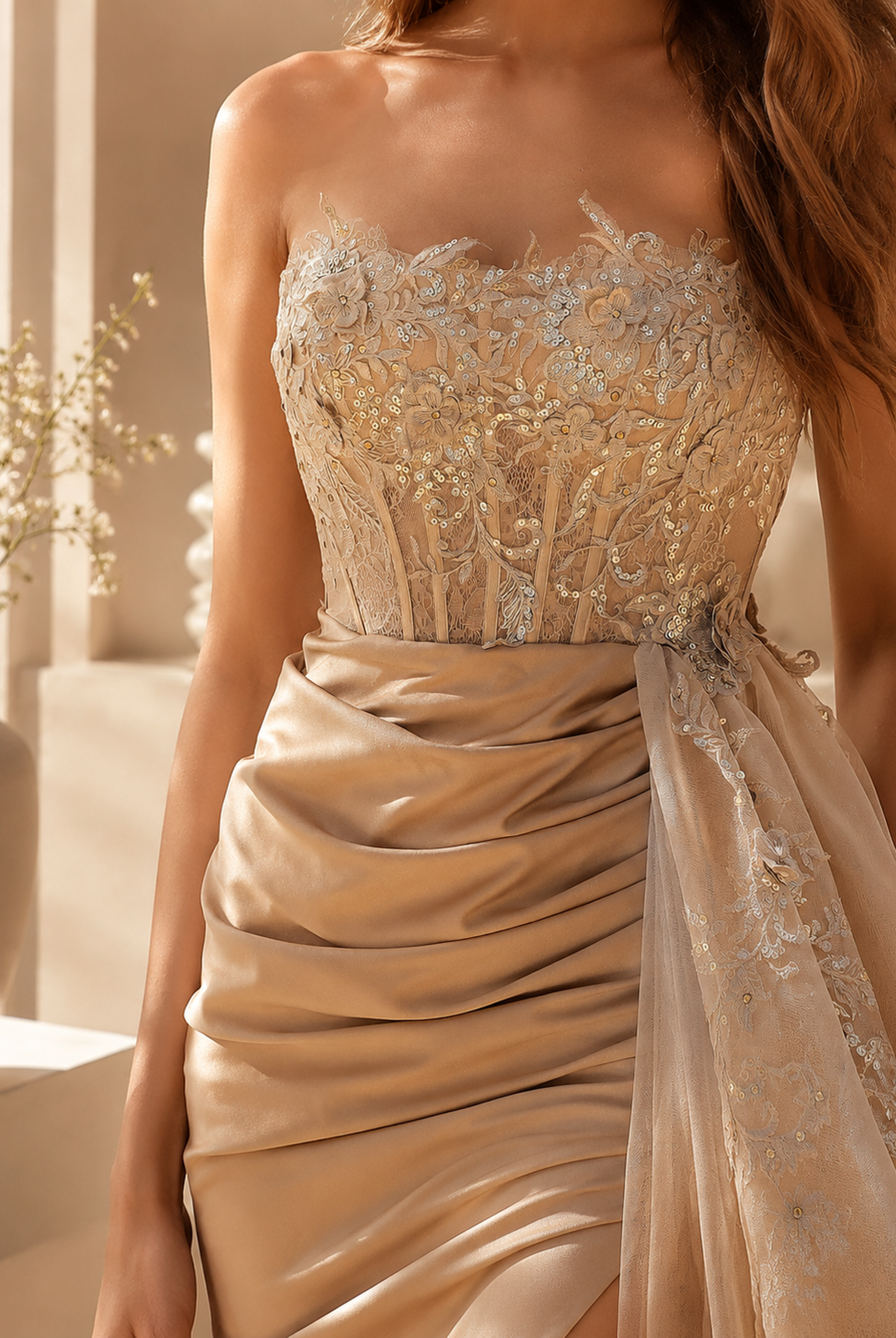 Champagne strapless corset lace prom dress bodice with floral lace appliques