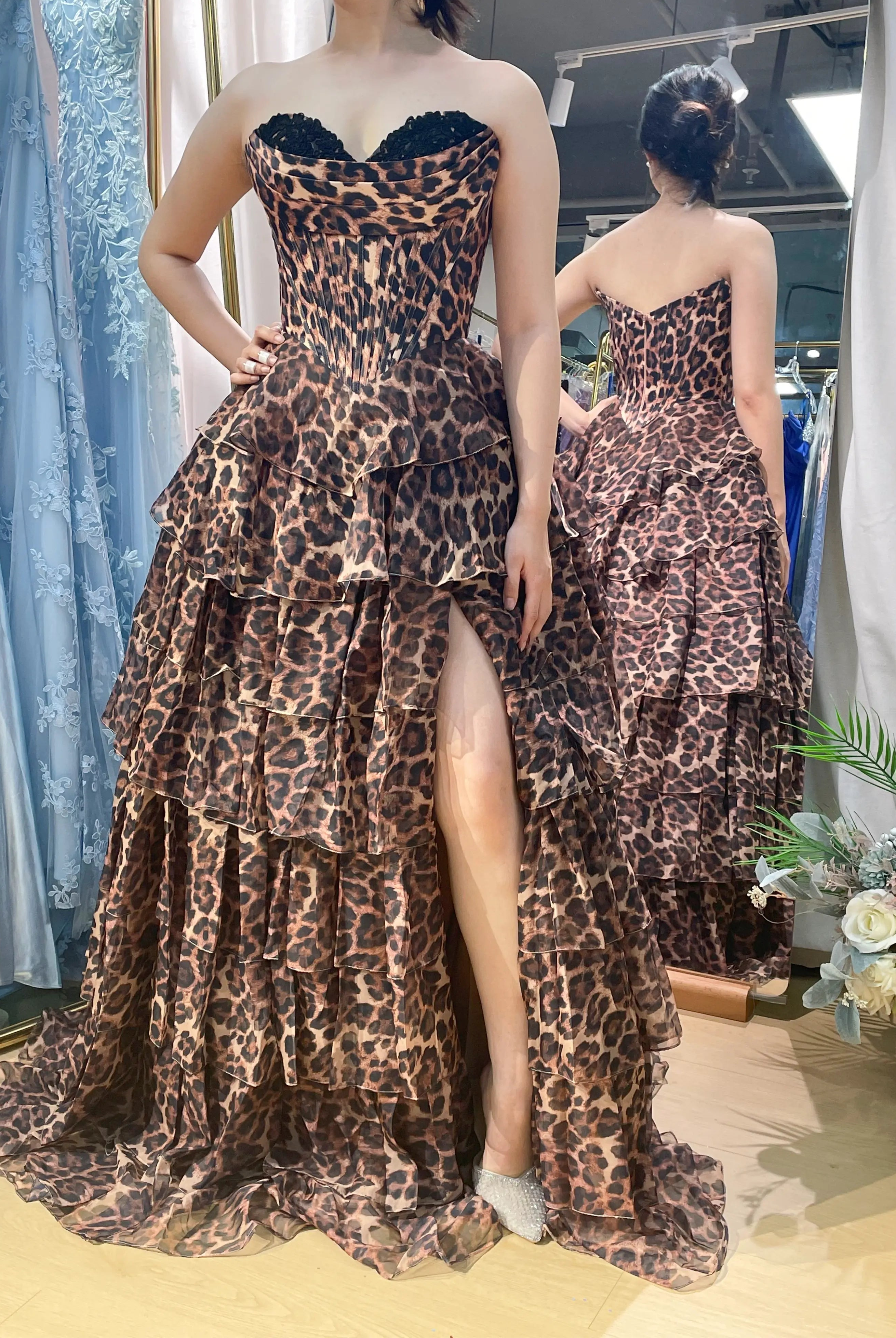 Leopard-print organza tiered ruffle ball gown with sweetheart corset bodice