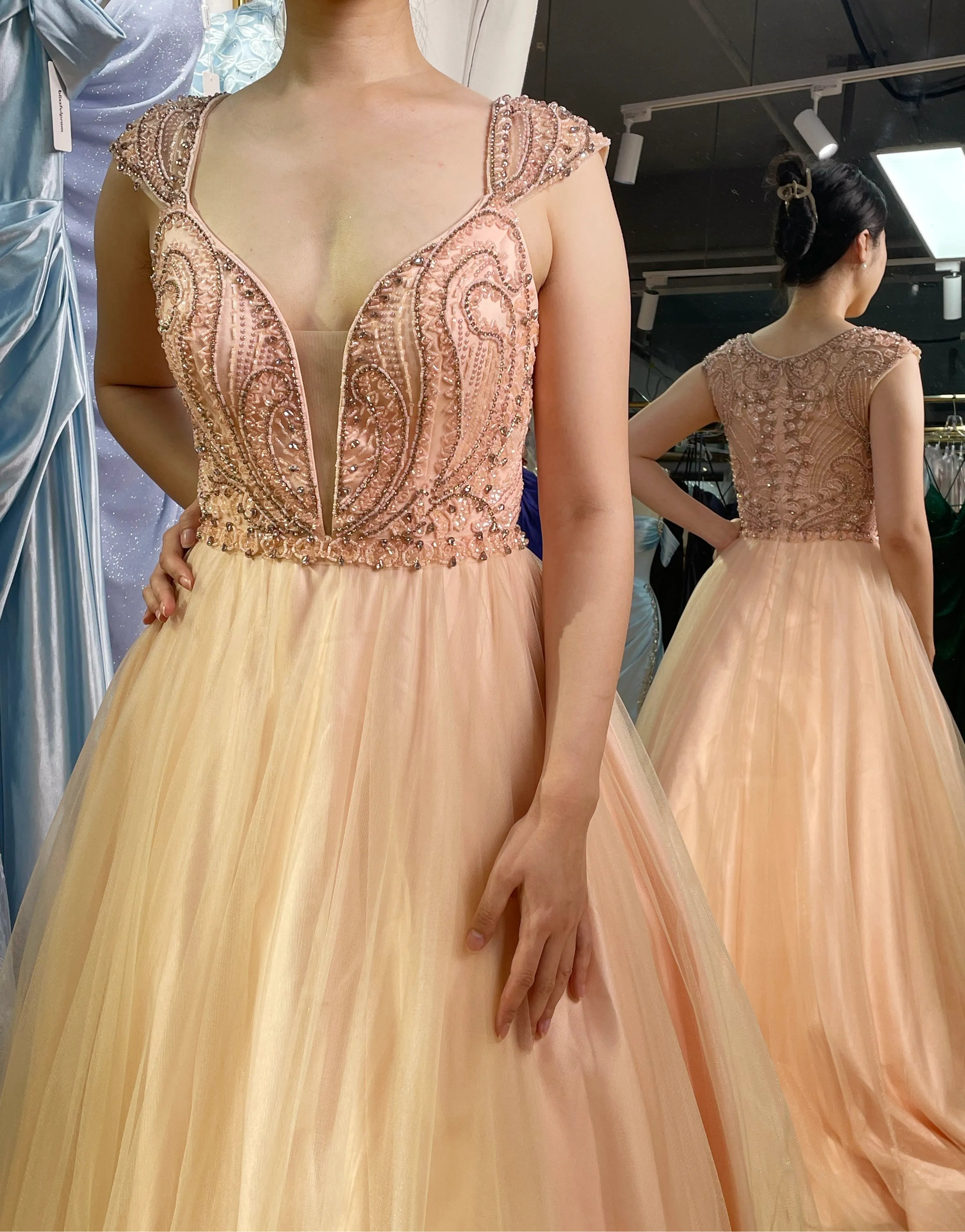 Champagne A-line prom dress, low back beaded V yoke and tulle skirt