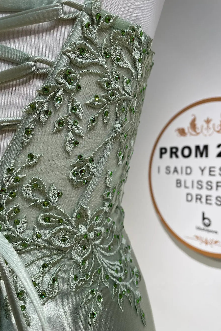 FLORIA sage green embroidered corset bodice detail with spaghetti strap