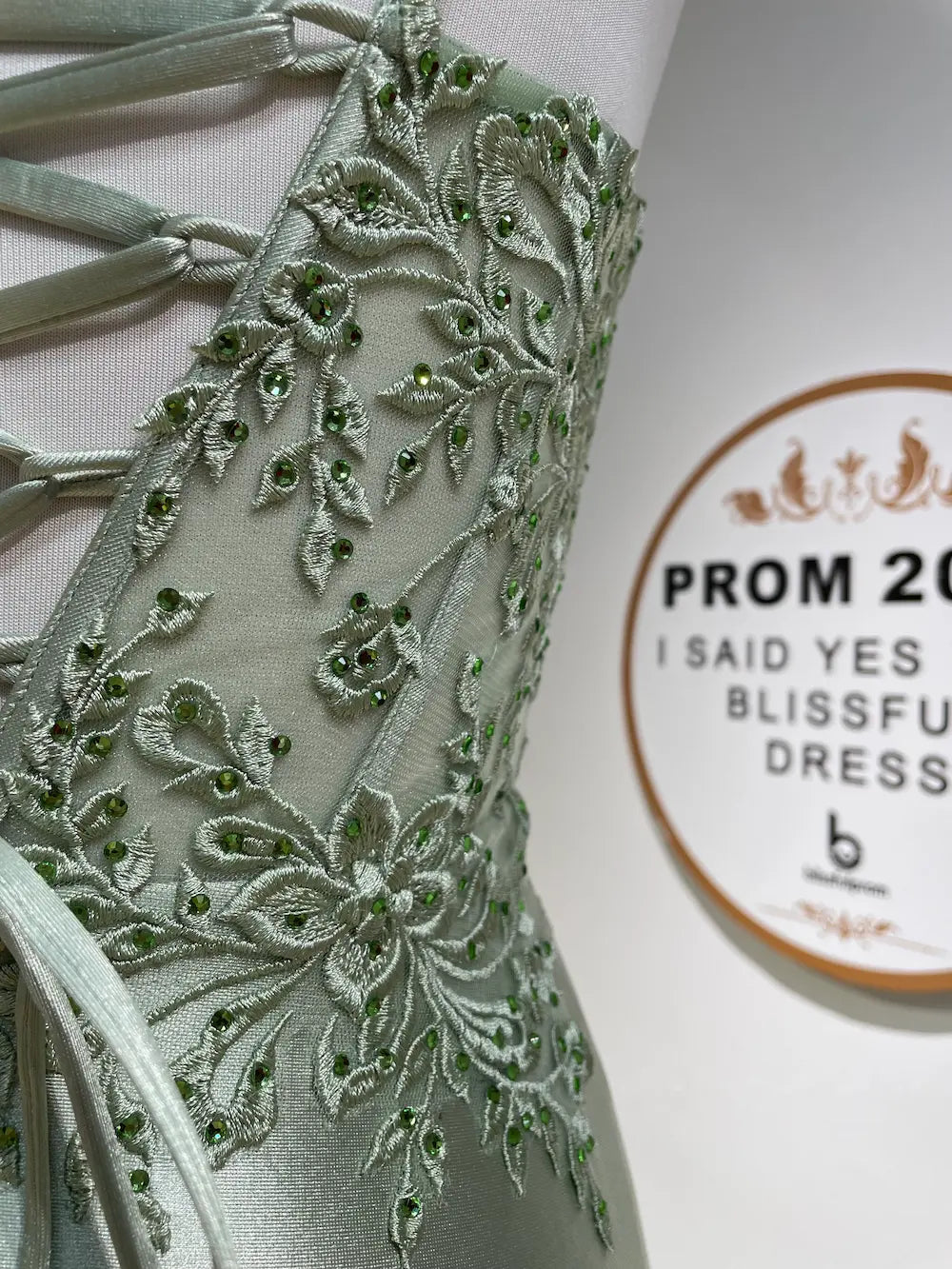 FLORIA sage green embroidered corset bodice detail with spaghetti strap