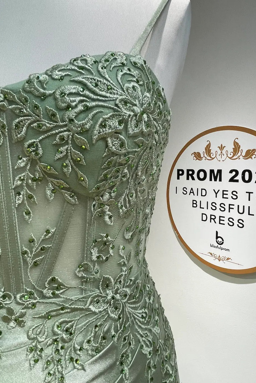 FLORIA sage green beaded floral corset bodice detail with spaghetti strap
