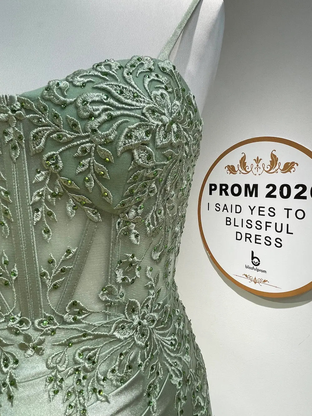 FLORIA sage green beaded floral corset bodice detail with spaghetti strap