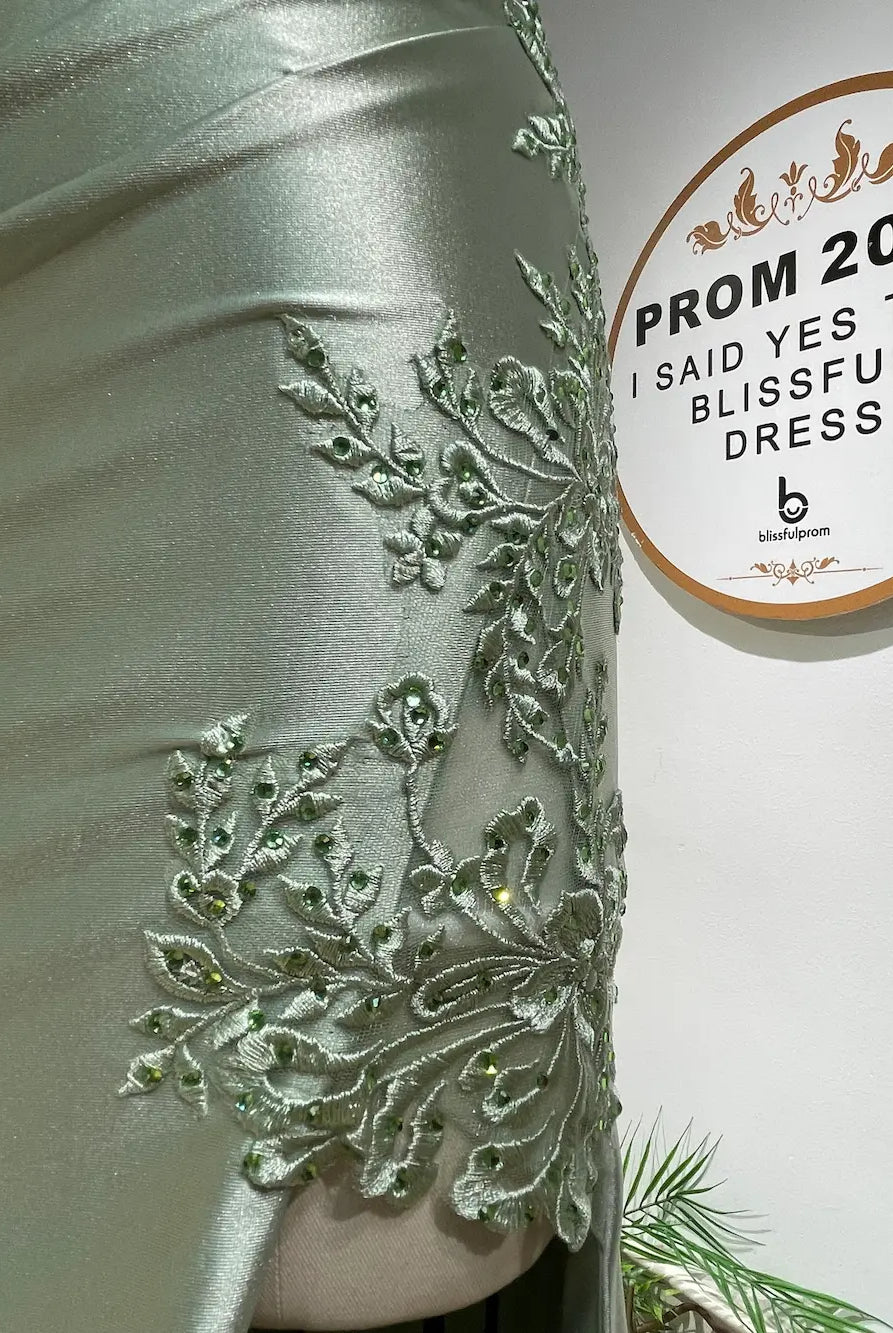 FLORIA sage green satin bodice detail with floral beading