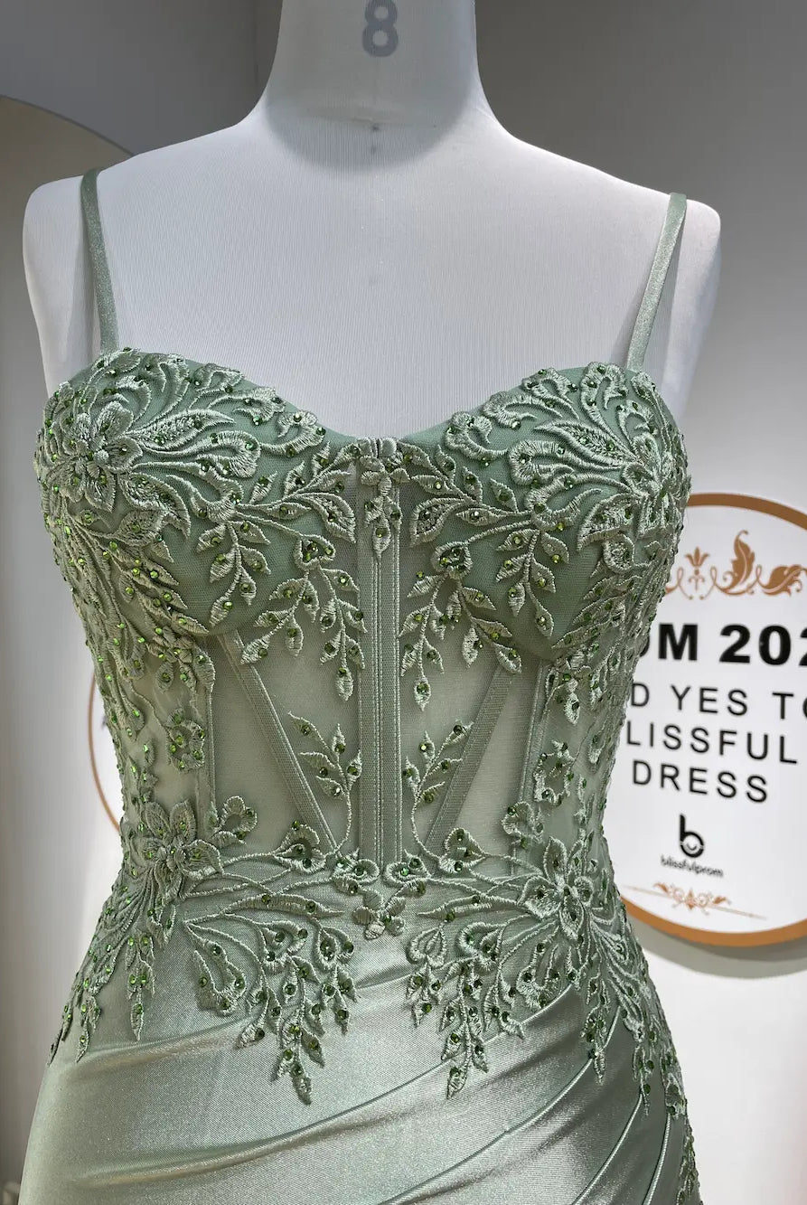 FLORIA sage green corset prom dress on mannequin, sweetheart neckline, beaded bodice