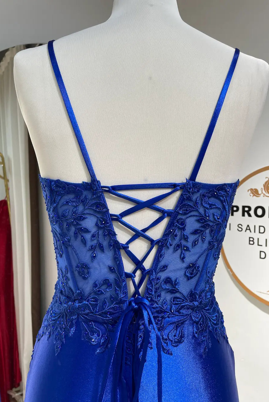 Royal blue dress bodice with sheer lace, and crisscross open-back straps