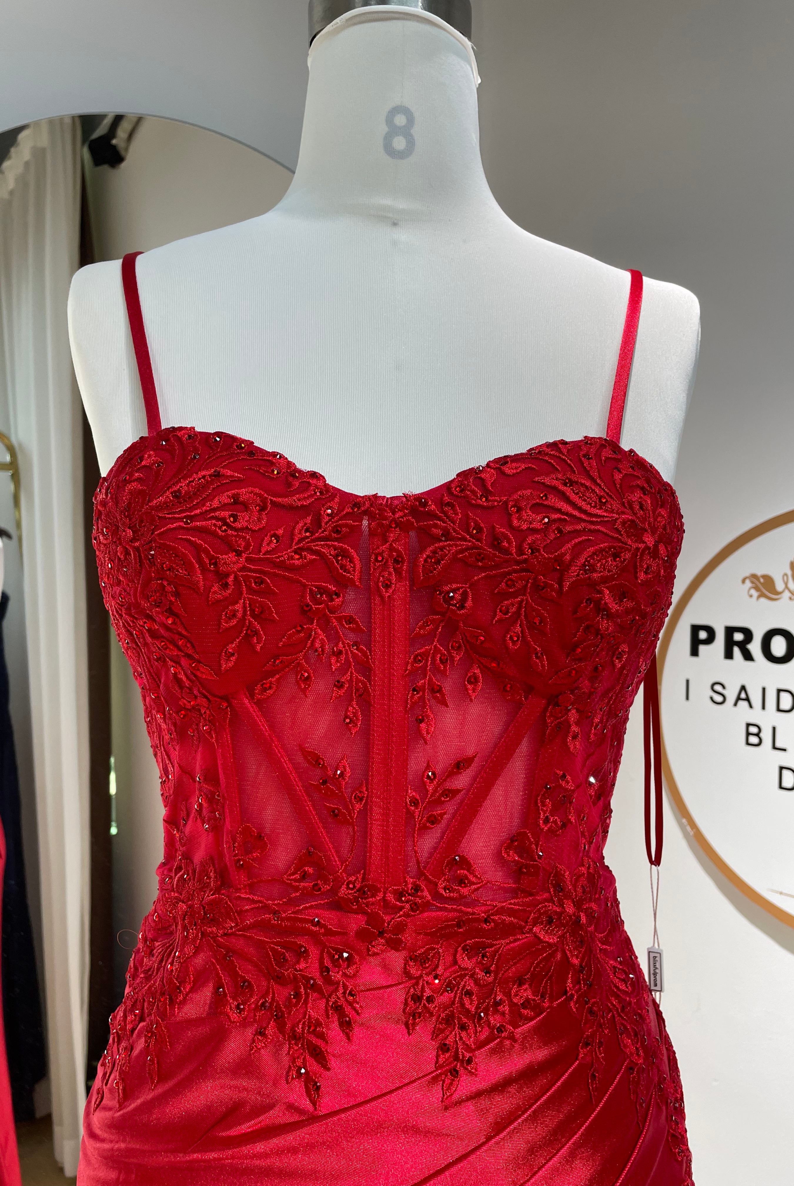 Red lace corset formal dress with spaghetti straps and scalloped sweetheart neckline