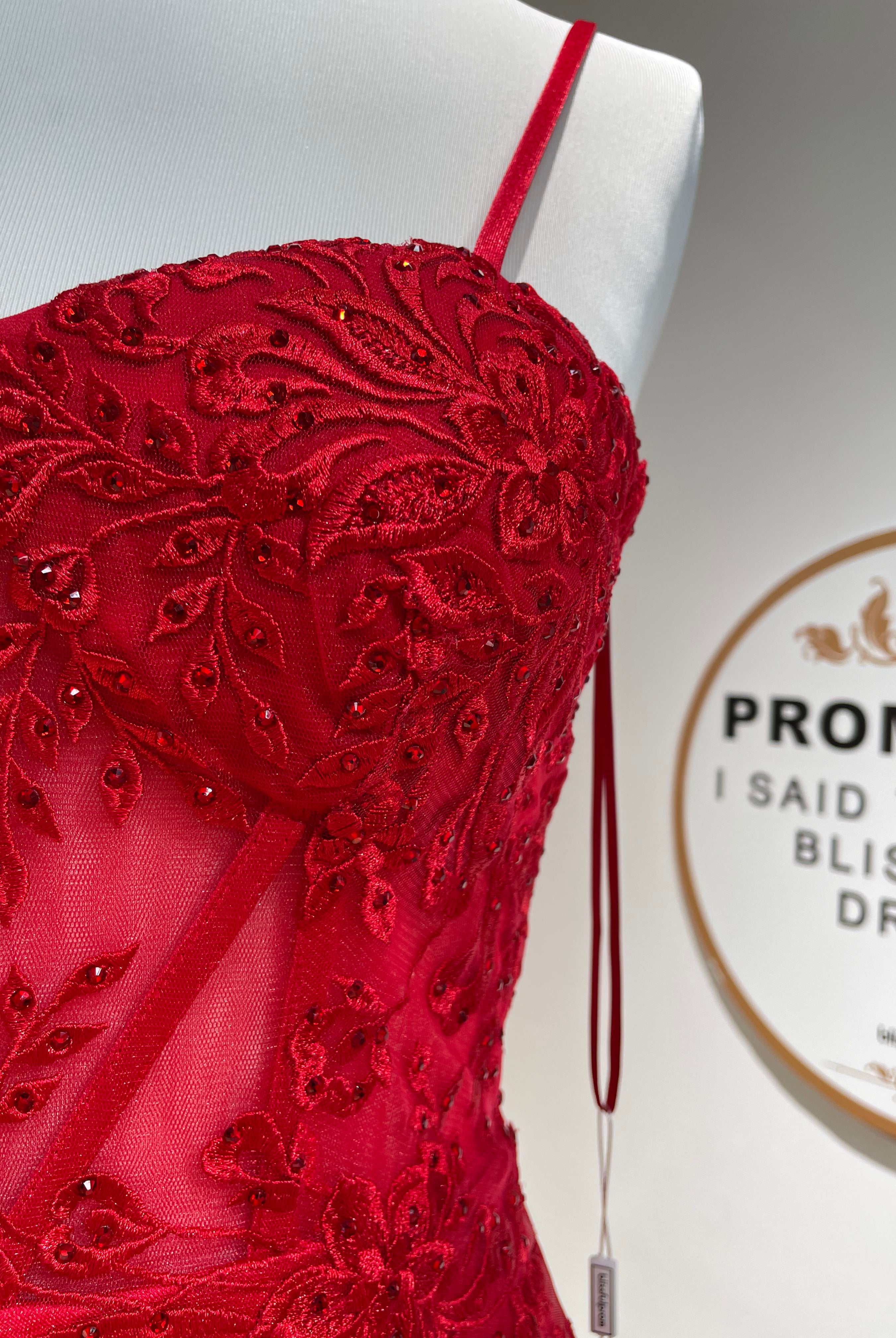 Red lace corset bodice with beaded floral applique and thin spaghetti straps
