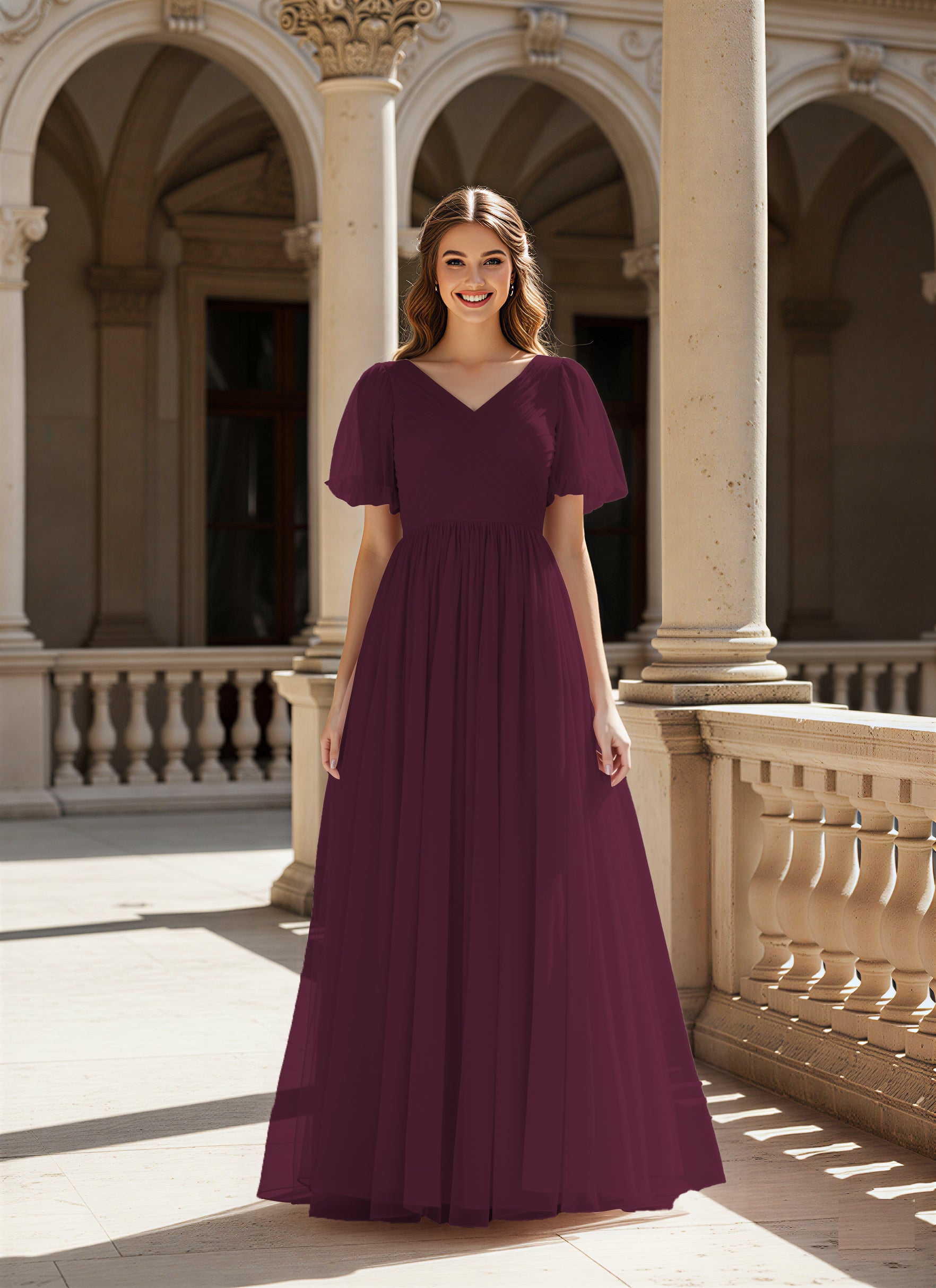Graceful Bridesmaid Gown - Flutter Sleeve Design TFB8073