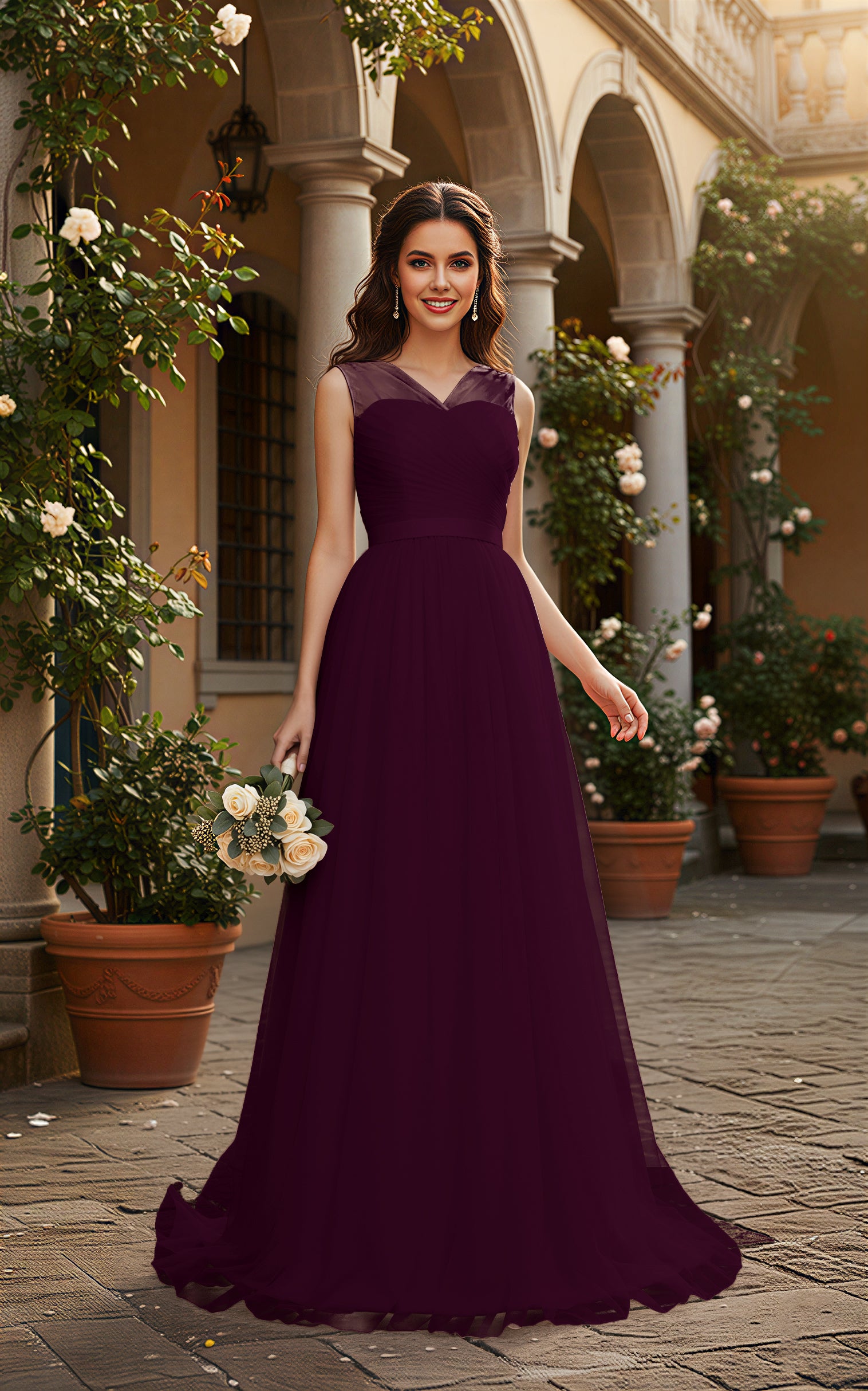 Elegant Bridesmaid Dress - Cap Sleeve Formal Gown TFB8069