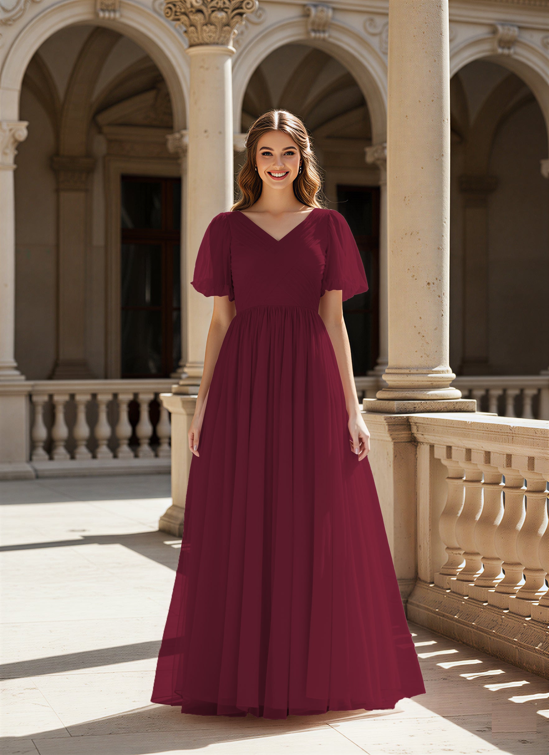 Graceful Bridesmaid Gown - Flutter Sleeve Design TFB8073