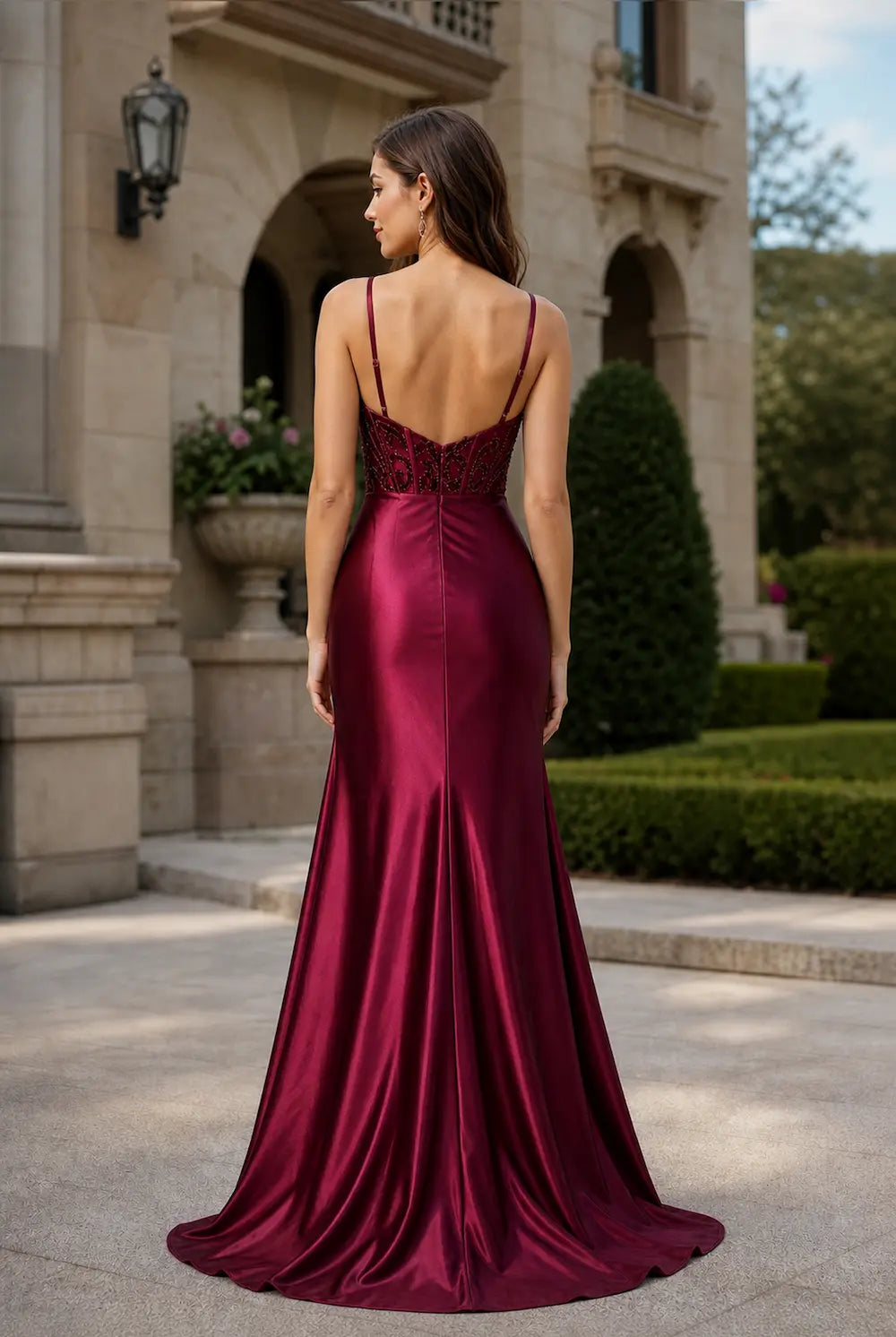 Wine satin evening dress, thin back straps, embellished bodice, ruched mermaid skirt
