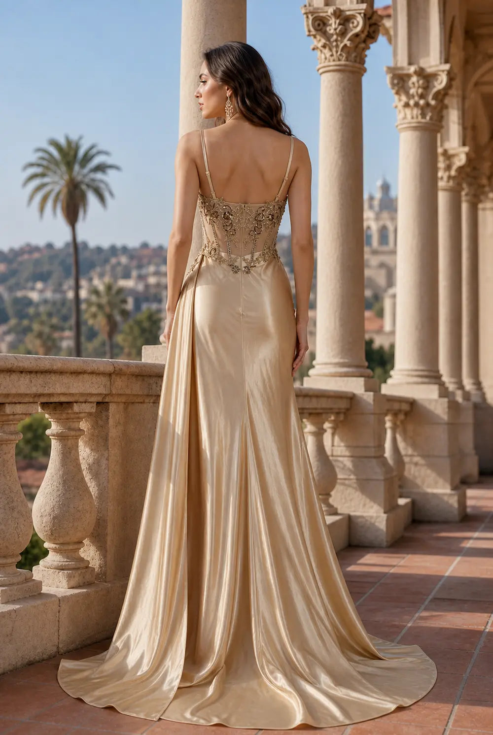 Champagne satin prom dress with beaded detailing, draped back, long train