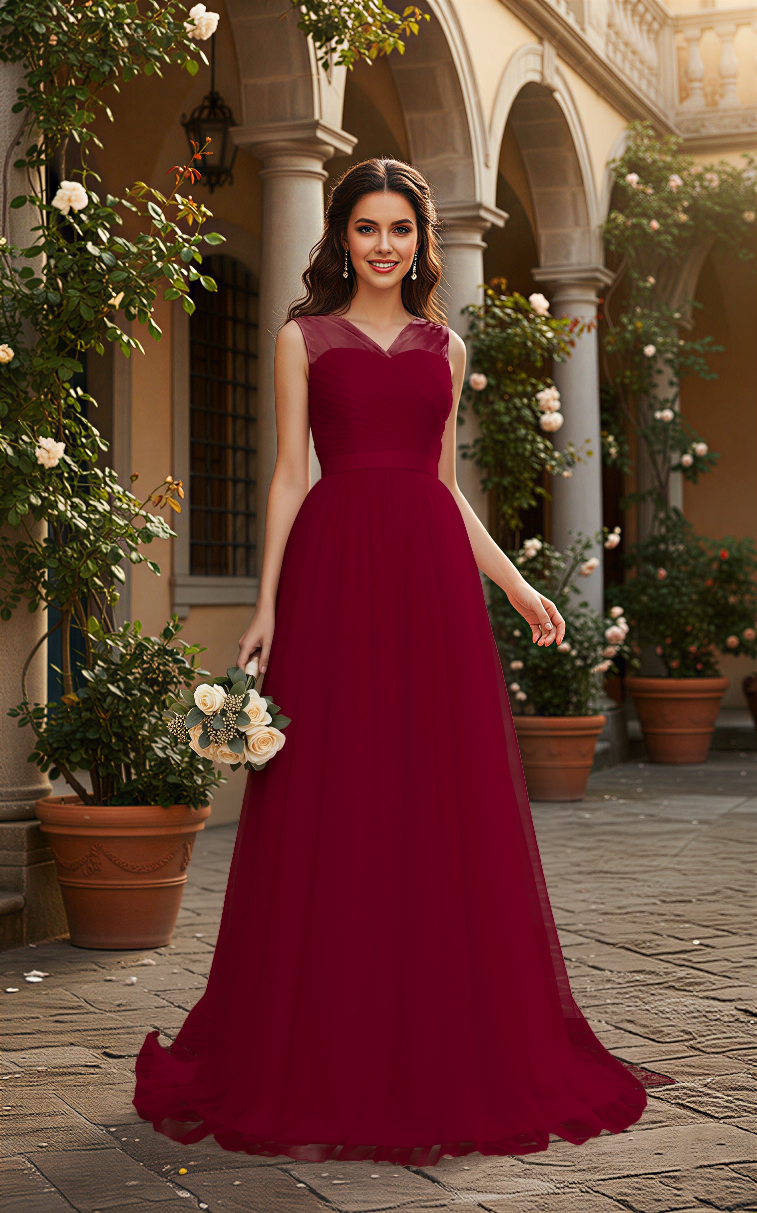 Elegant Bridesmaid Dress - Cap Sleeve Formal Gown TFB8069