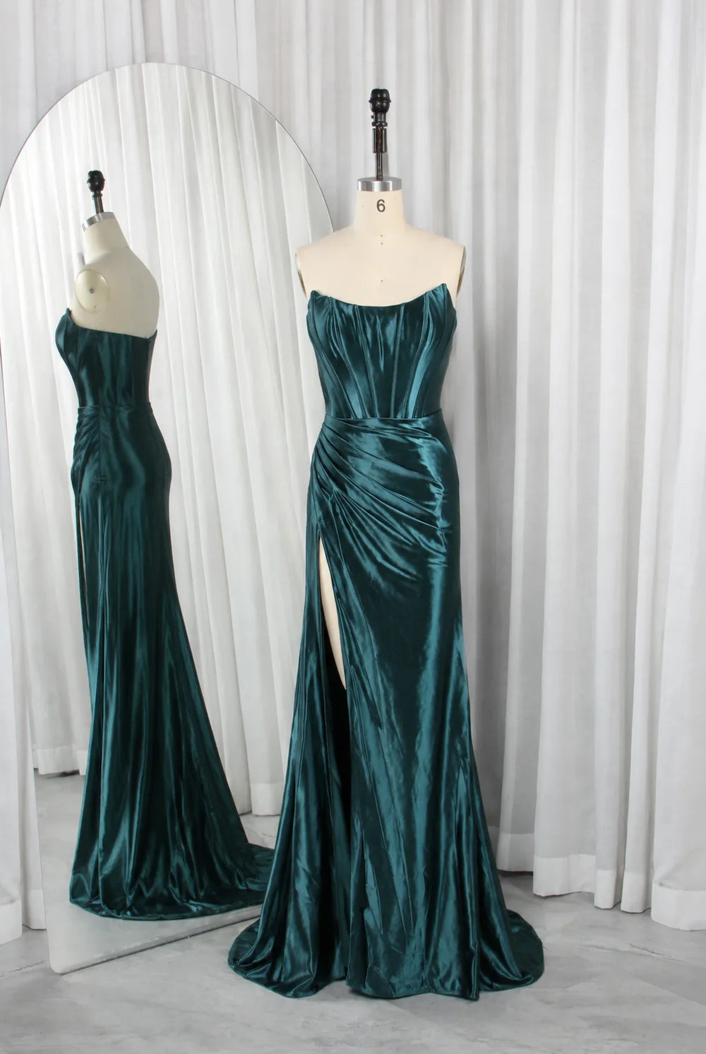 Teal strapless corset prom dress in liquid satin, ruched bodice, long skirt with slit