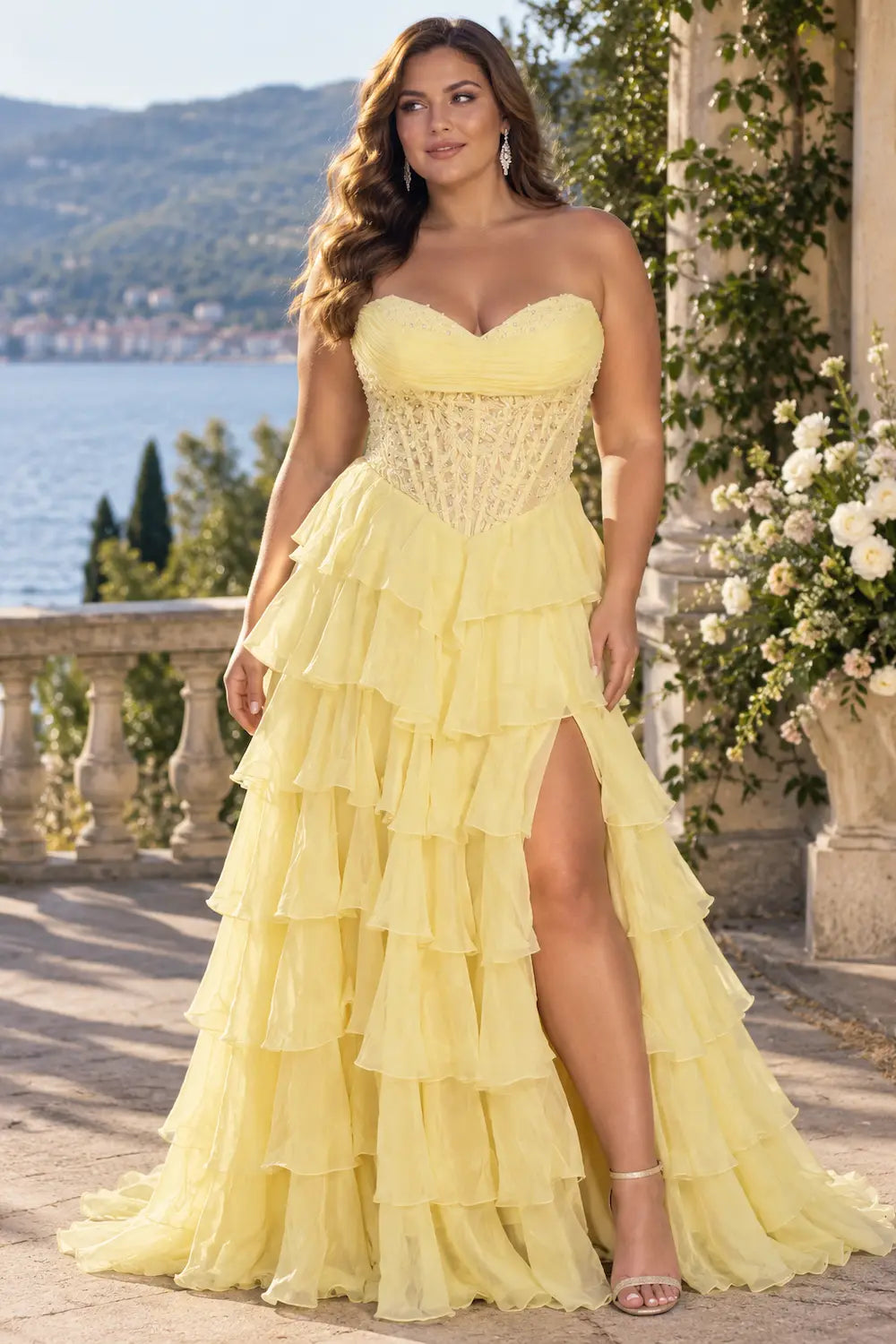 Yellow plus-size tiered ruffle dress with beaded bodice and side slit