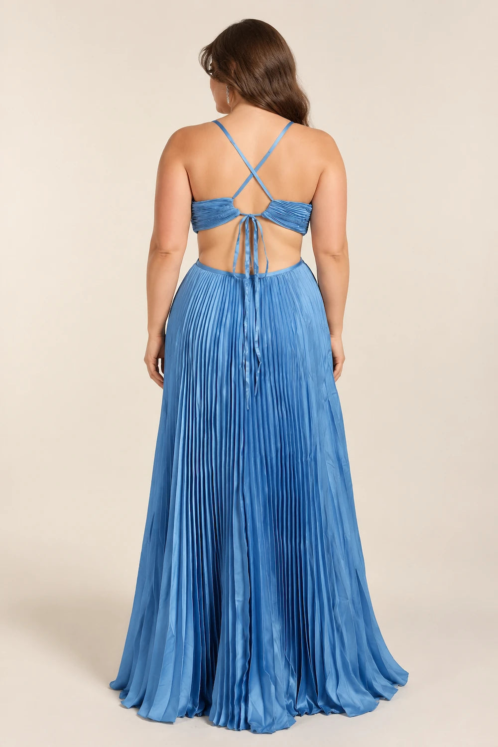Blue plus-size maxi dress with sweetheart bust and crisscross open-back straps
