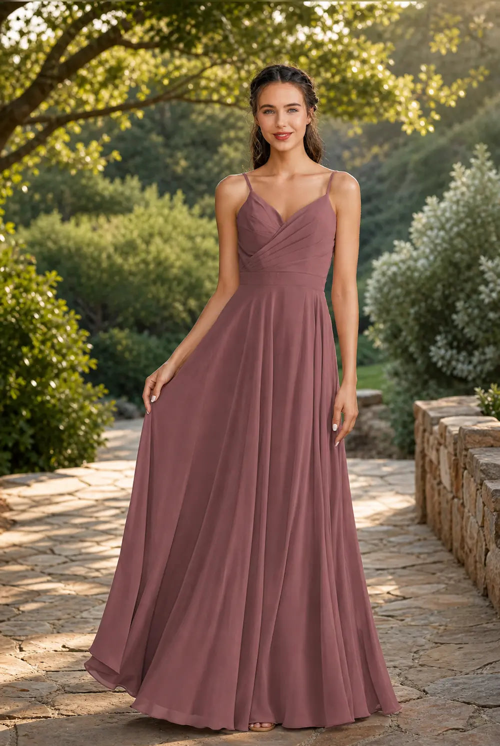 Canyon rose A-line chiffon prom dress, spaghetti straps, V-neck, gathered waist
