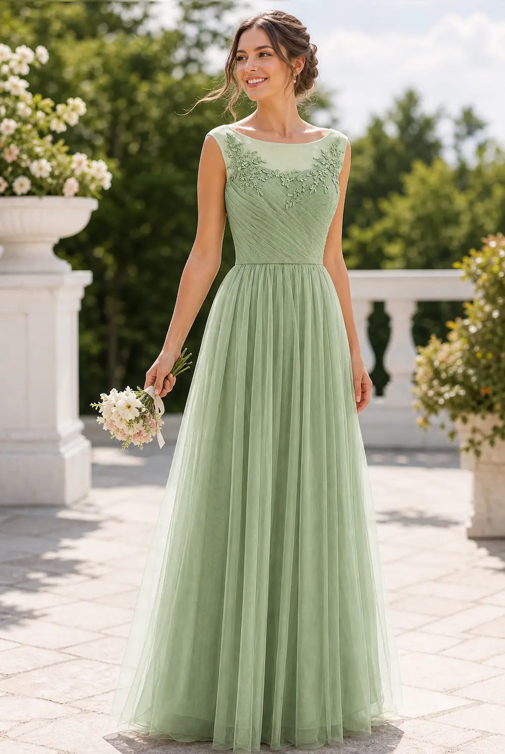 Sage green lace-illusion ruched A-line tulle prom dress, sleeveless scoop neckline