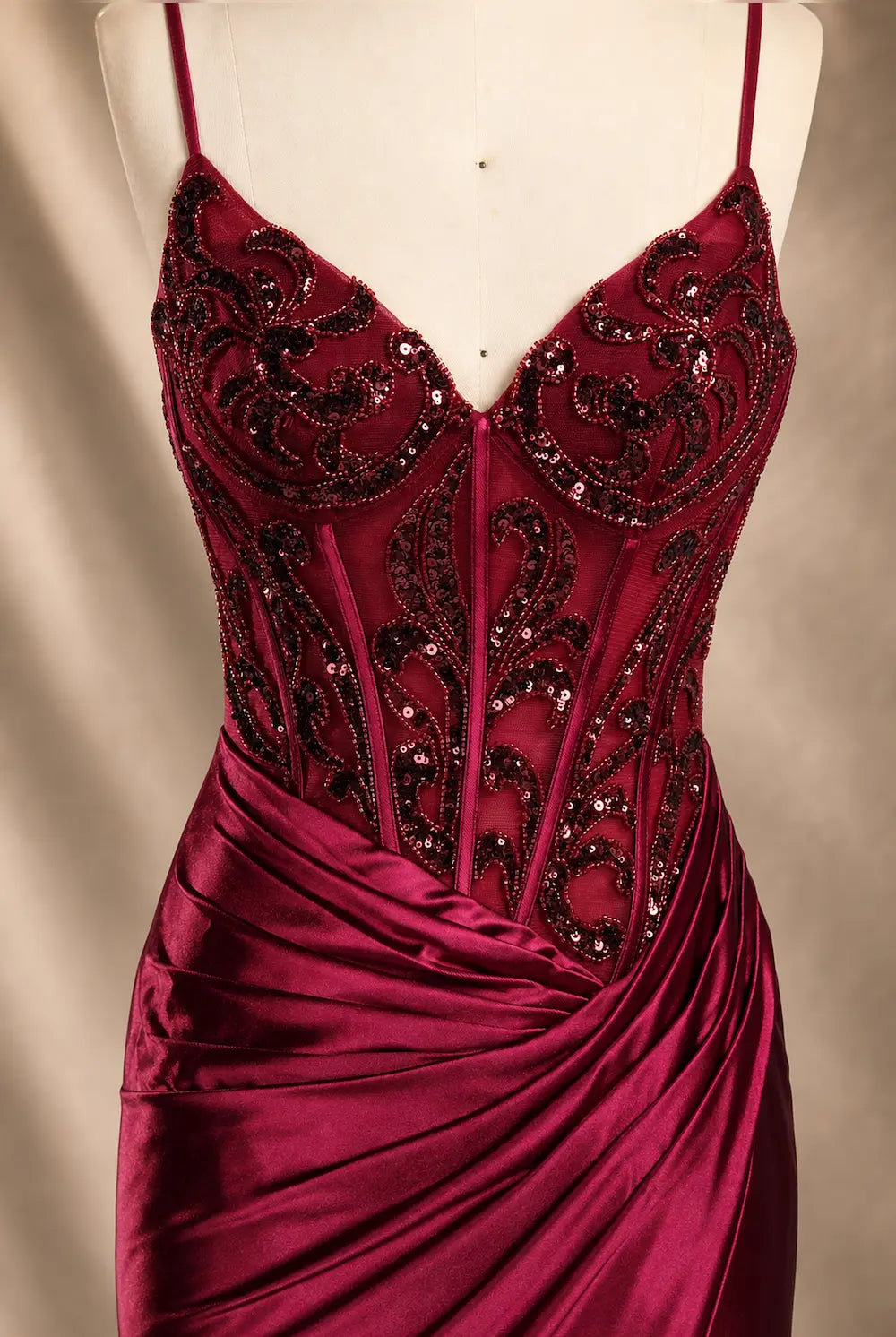 SERA wine satin corset evening dress with jeweled V-neck and spaghetti straps