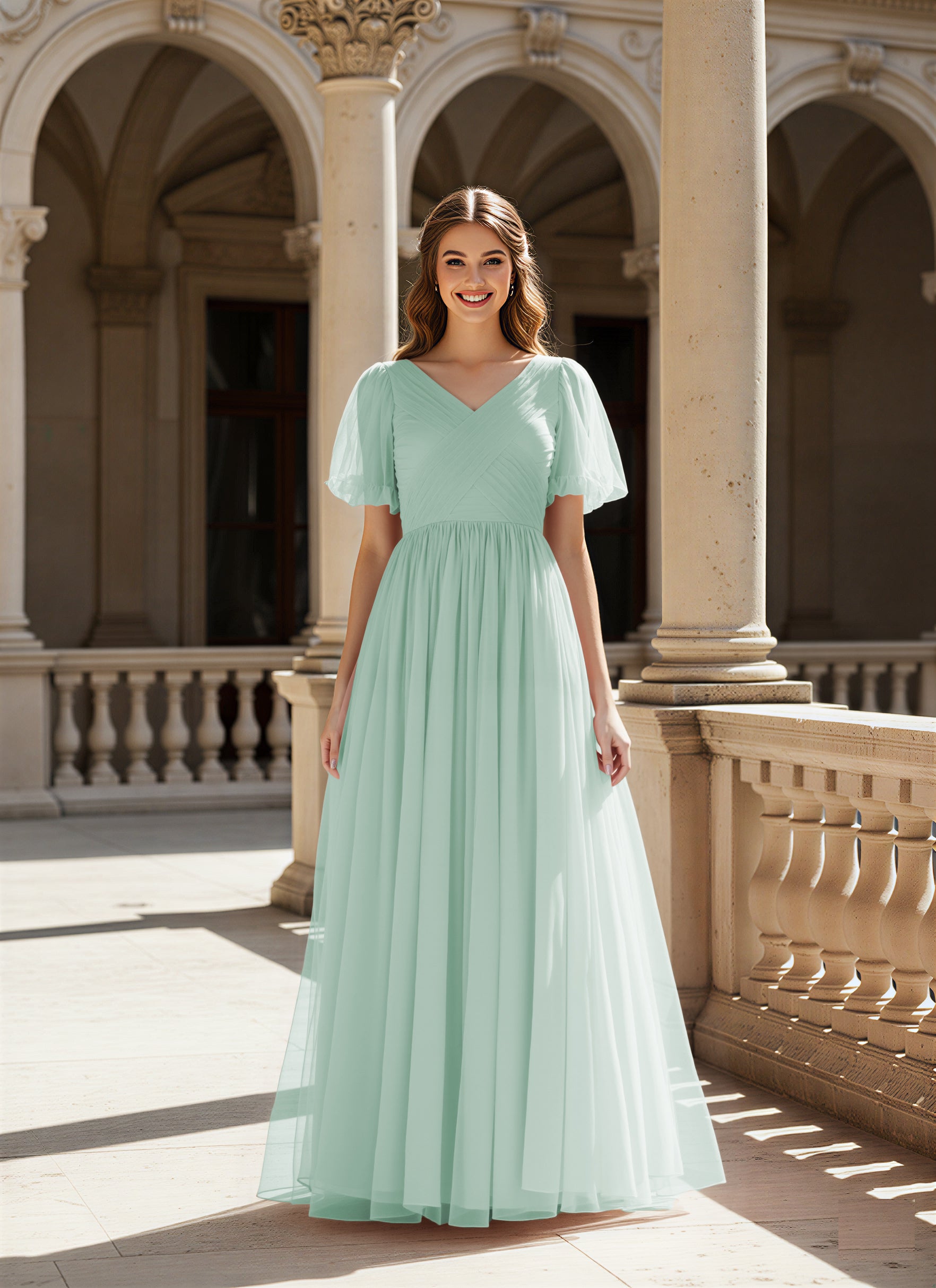 Graceful Bridesmaid Gown - Flutter Sleeve Design TFB8073