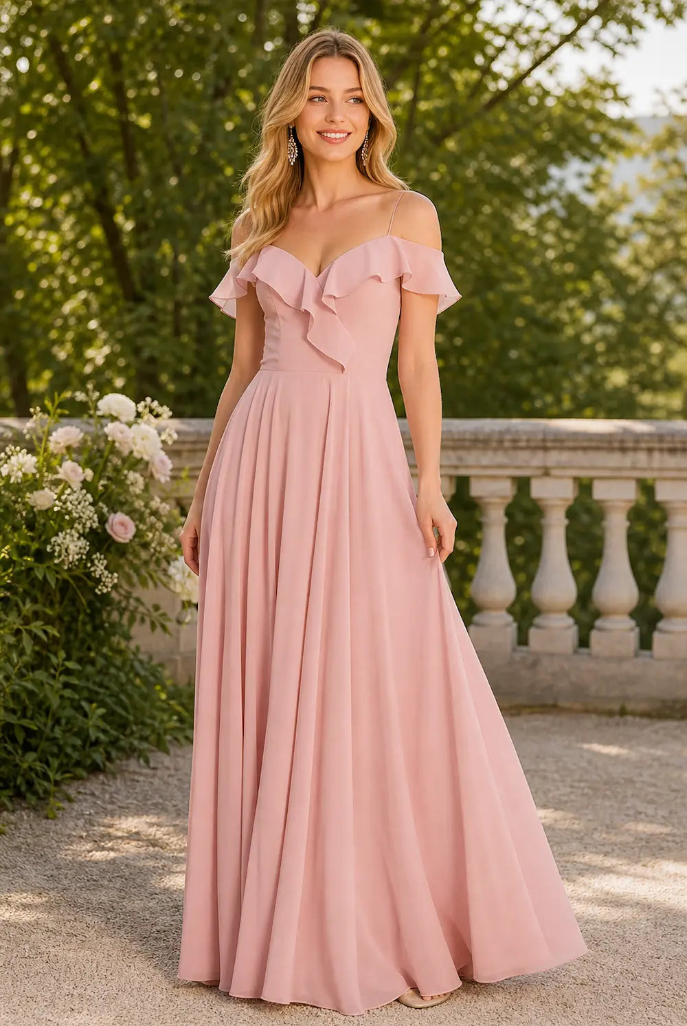 Blush pink chiffon off-the-shoulder ruffle prom dress