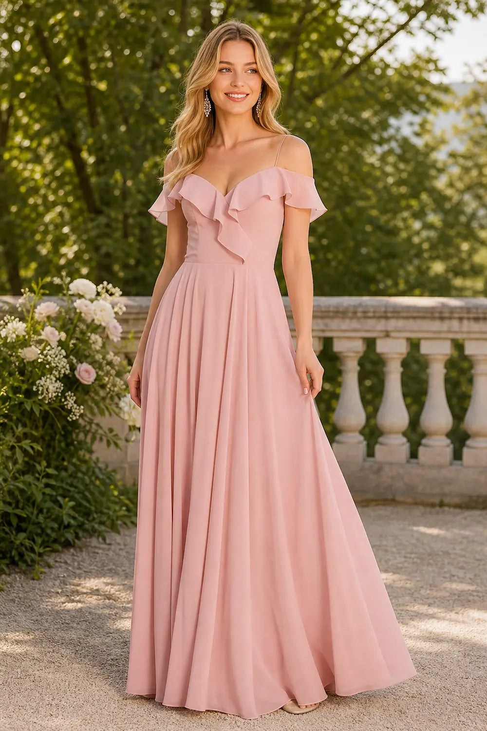 Blush pink chiffon off-the-shoulder ruffle prom dress