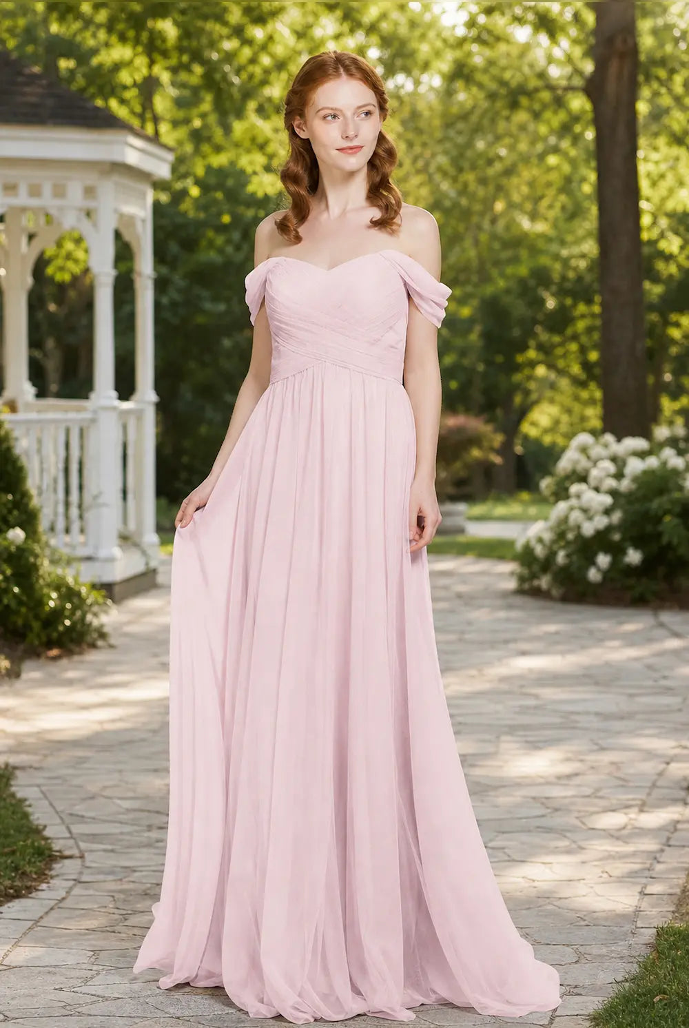 Pink off-shoulder tulle prom dress with ruched bodice and A-line skirt, front view