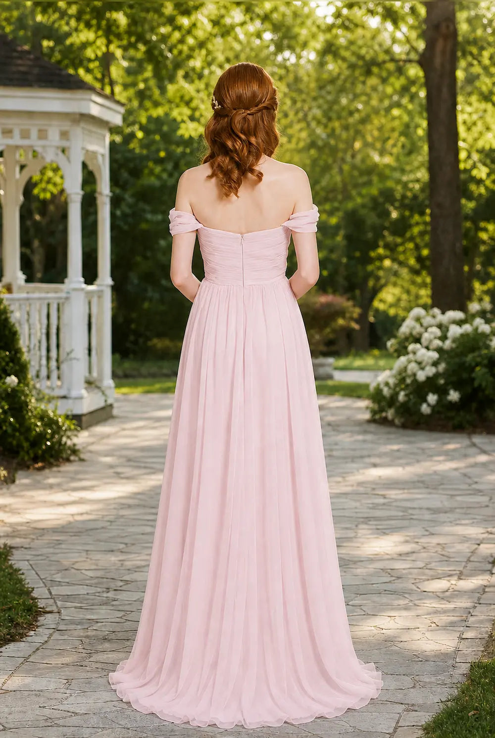 Pink off-shoulder tulle prom dress with ruched bodice and A-line skirt, back view