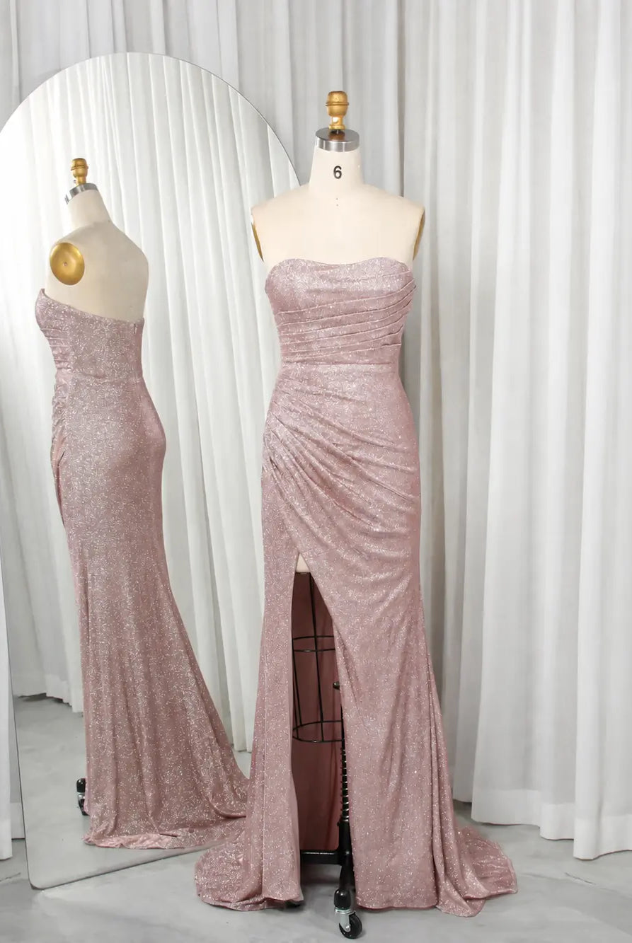 Shimmer glitter mermaid prom dress, strapless sweetheart, dusty pink, with thigh slit