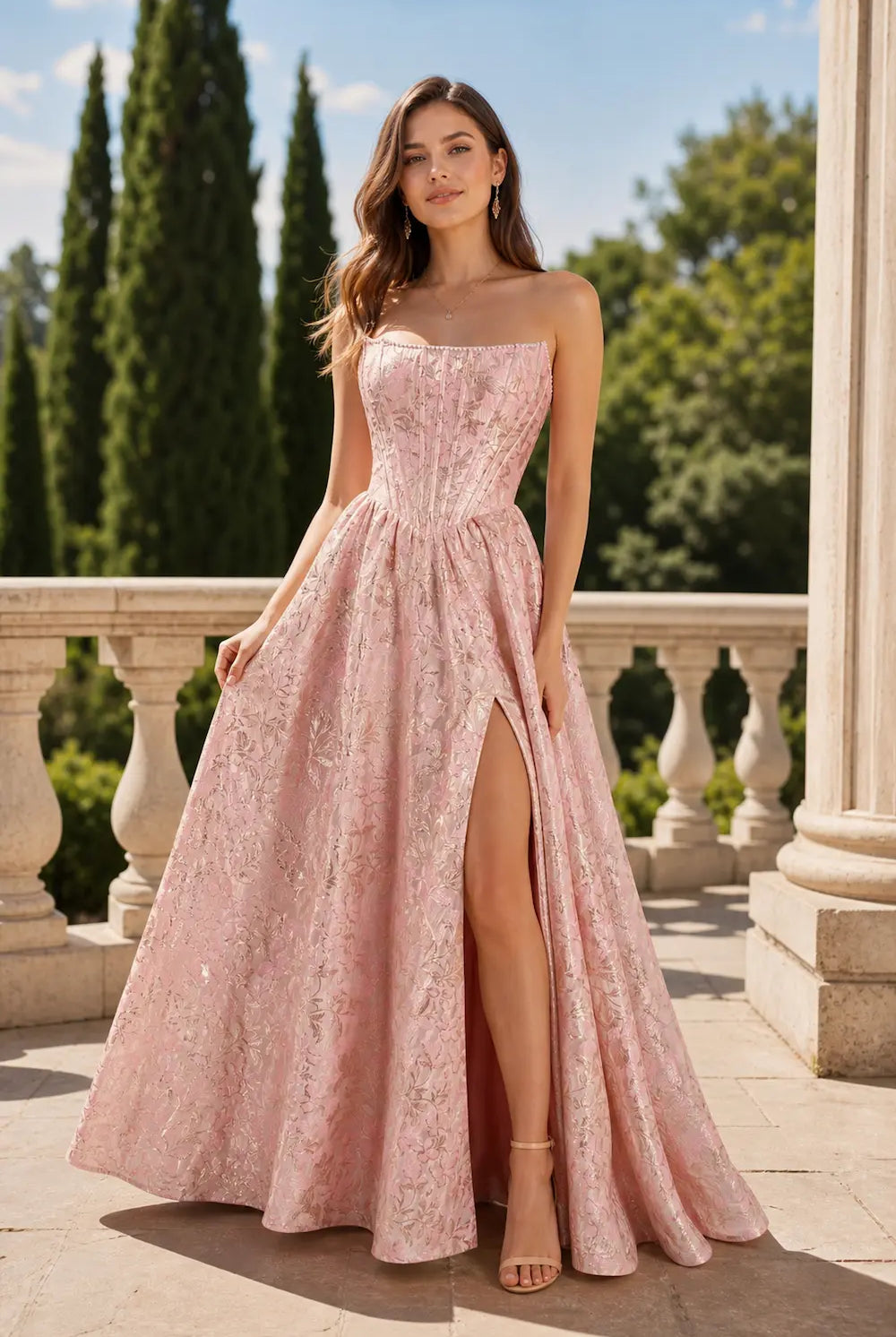 Pink floral shimmer maxi dress with fitted bodice, thin straps, and front slit