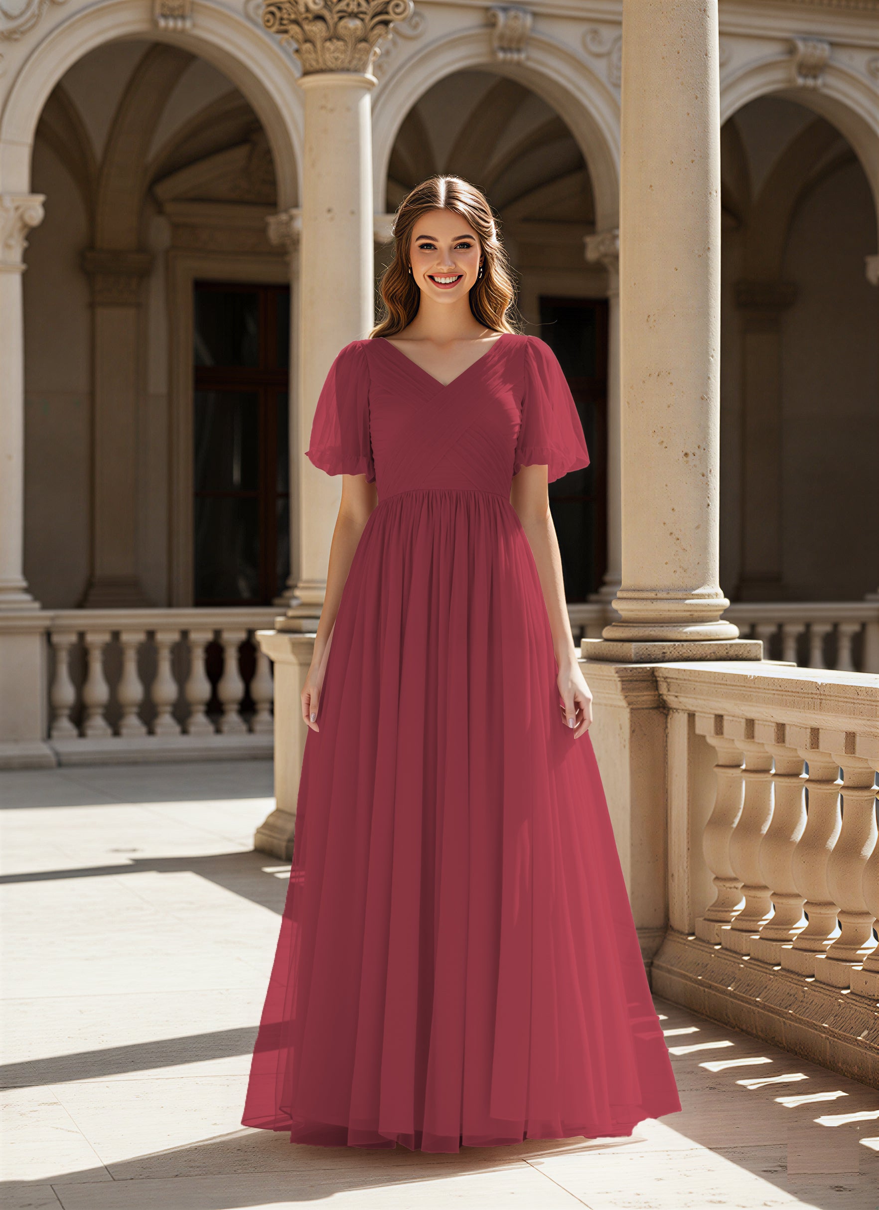 Graceful Bridesmaid Gown - Flutter Sleeve Design TFB8073