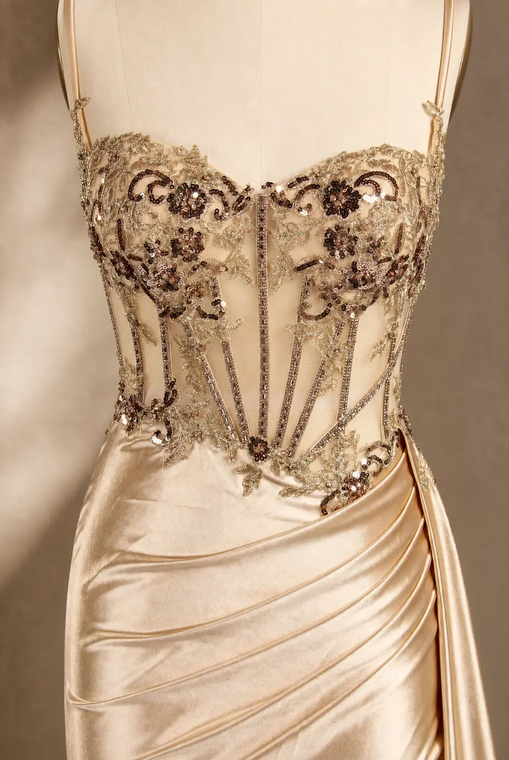 Champagne beaded appliqué sweetheart draped prom dress with side slit