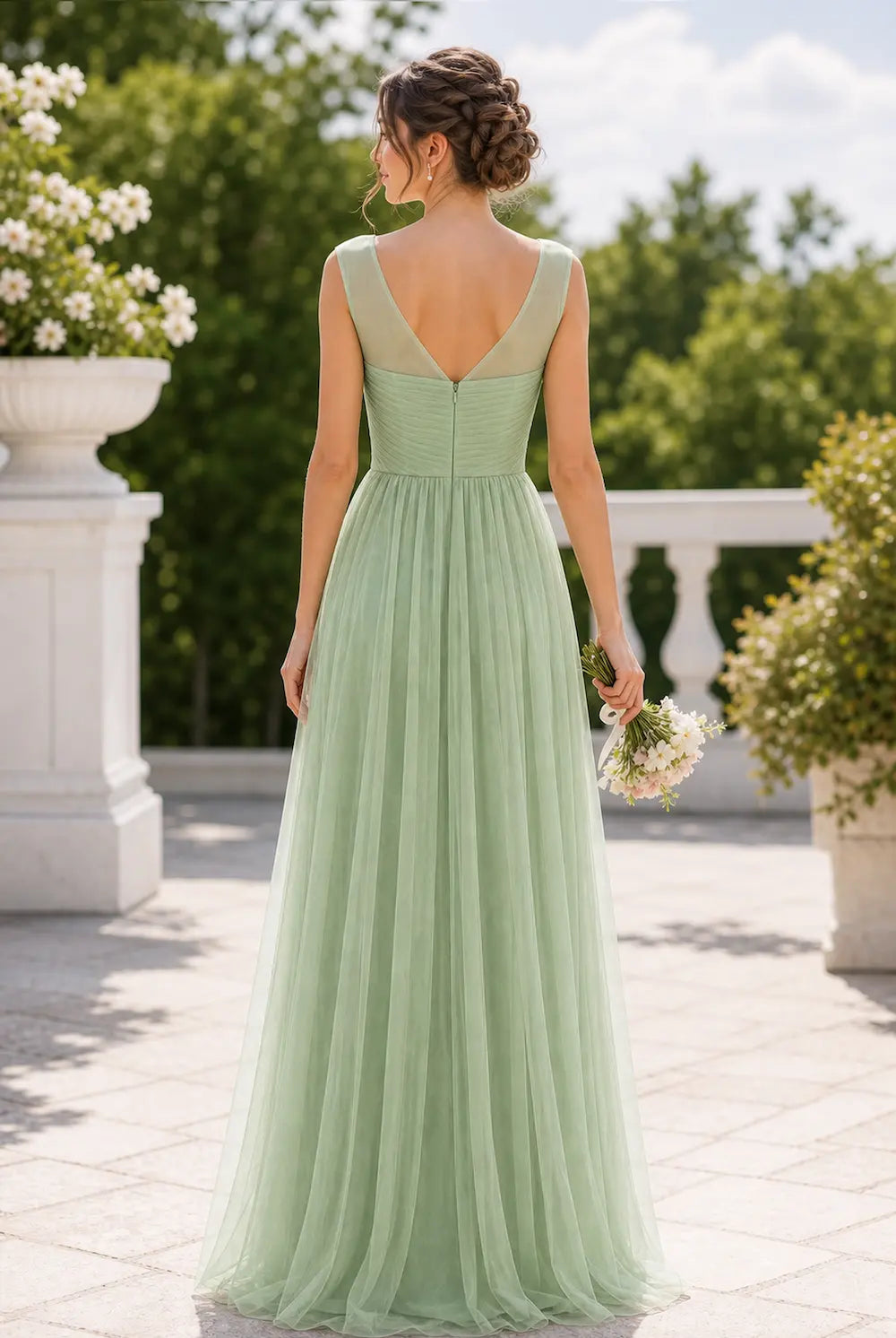 Sage green lace-illusion ruched A-line tulle prom dress, sleeveless scoop back